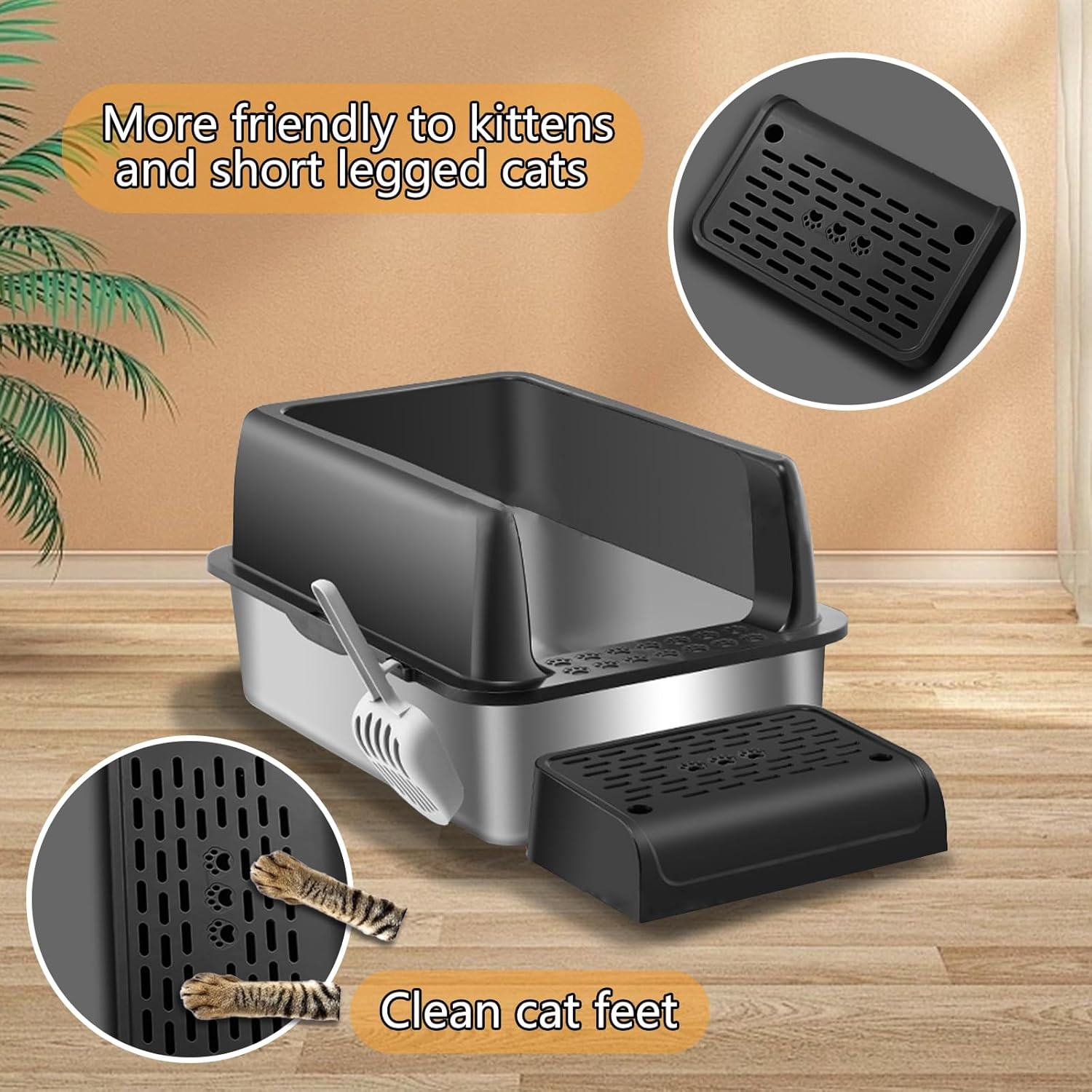 Menbyci Stainless Steel Cat Litter Box with Lid Footboard,Metal Extra Large Litter Box Self Cleaning,High Side Enclosure Cat Litter Tray for Big Kitty,Cat Scooper for Litter Boxes,24X16X12In (Black) image number 2