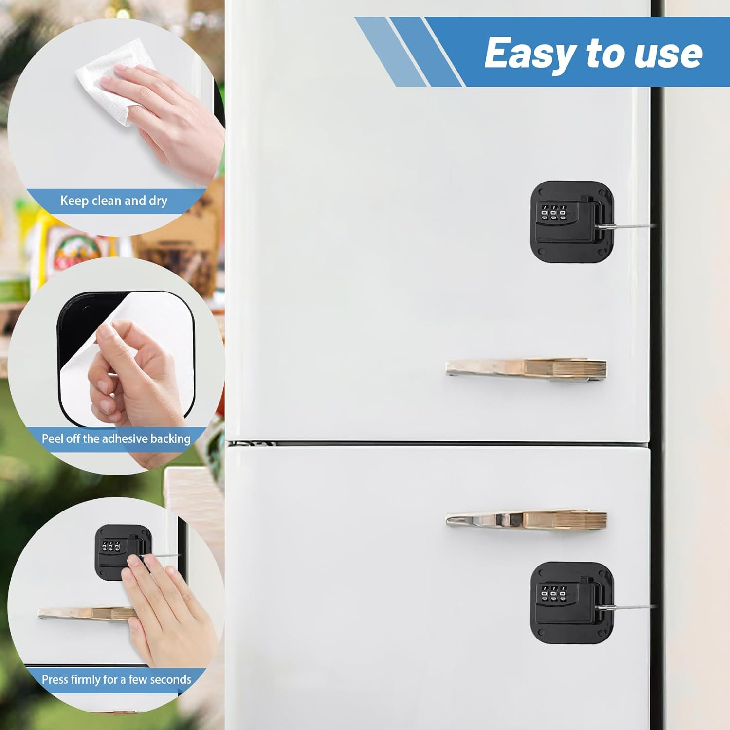 4PCS Combination Fridge Lock - Drill-Free Square Cabinet Latch for Home Safety, Universal Fits Door/Freezer/Window/Drawer/Toilet, Home Hardware (Black, White) image number 1