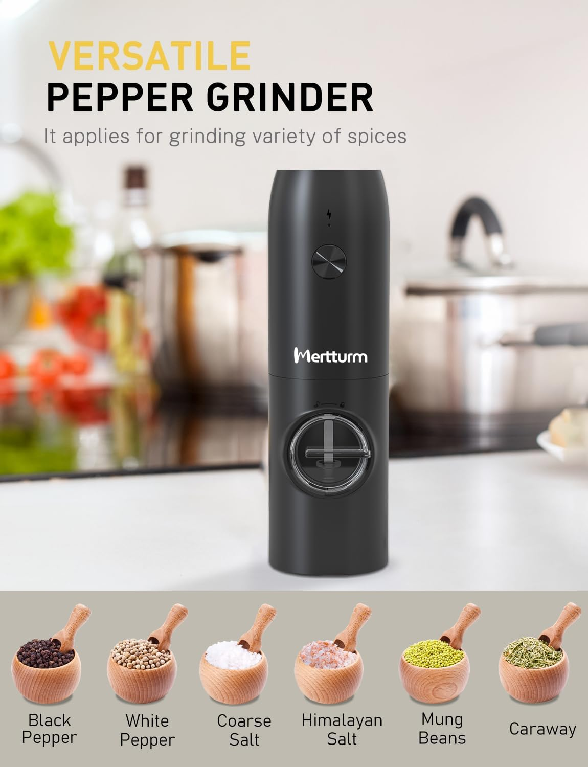 MERTTURM Rechargeable Electric Pepper Grinder, Automatic Pepper Salt Mill with LED White Light, One Hand Operation, Coarseness Adjustable, Refillable and Portable for Kitchen, Restaurant, Camping BBQ image number 5
