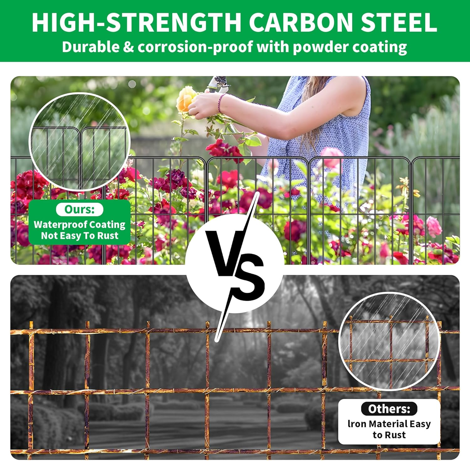 10 Panels Decorative Garden Fence 330Cm (L) X 60Cm (H), Rustproof Metal Wire Fencing Border Animal Barrier, Decorative Garden Fences for Dogs, Flower Bed, Patio, Square Black No Dig Fence image number 1