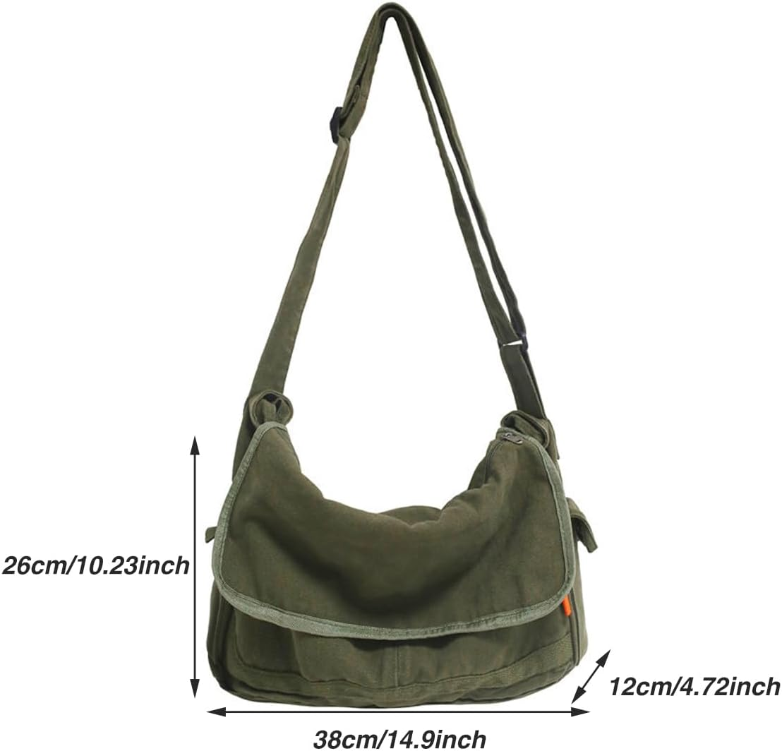 AIMALL Canvas Messenger Bag for Men and Women, 14.9 X 10.23 X 4.72 Inches, Durable Crossbody Shoulder Bag with Adjustable Strap and Multiple Compartments, Green image number 6