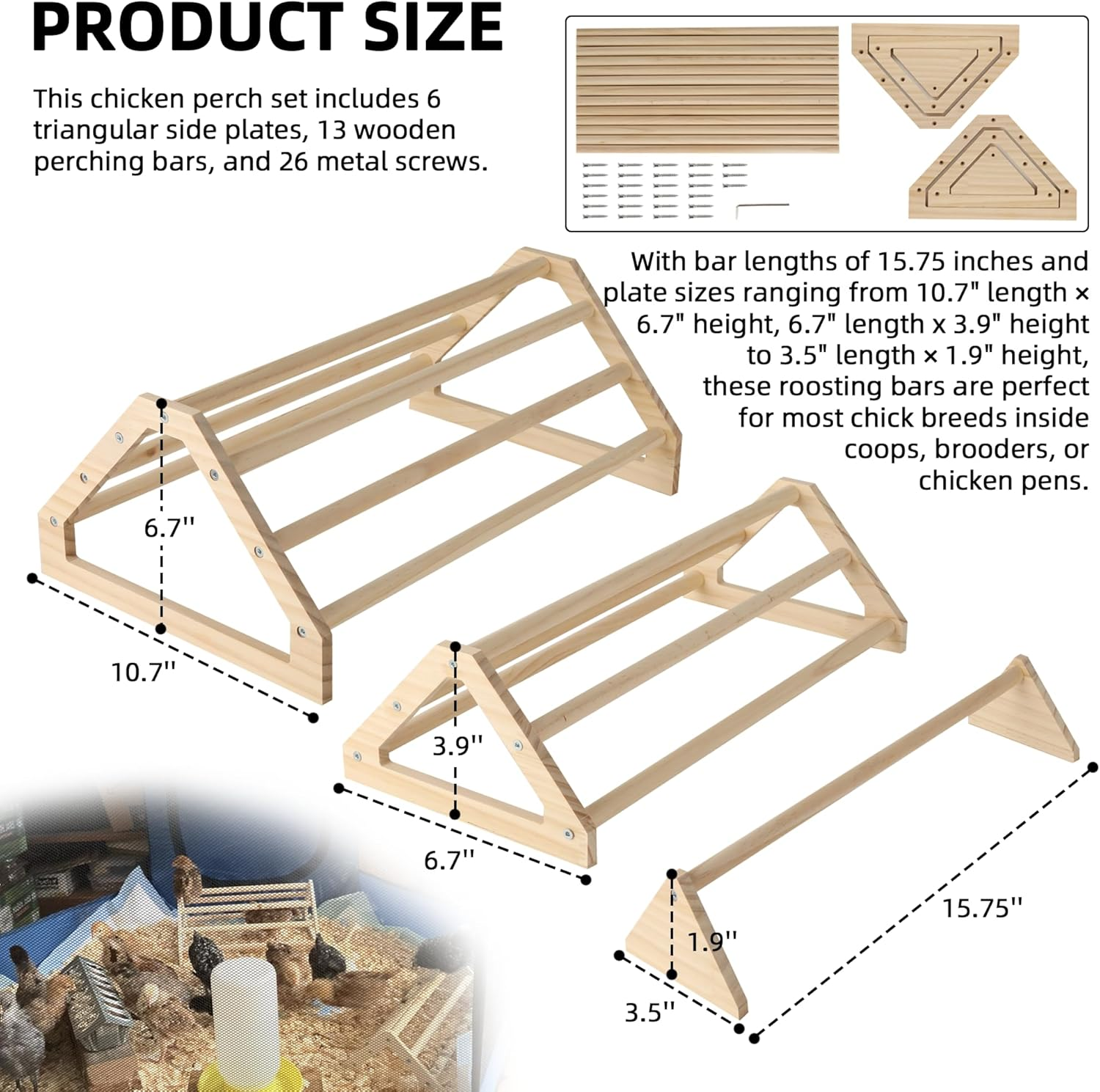 Tongass 3-Pack 15.75" Extra Long Chicken Perch, Freestanding Roosting Bar for Baby Chicks, Durable Polished Pine Roosting Bar, Perch Stand for Chicken Brooder image number 3