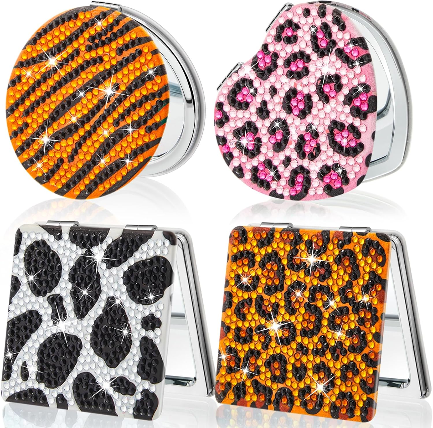 Marsui 4 Pcs Diamond Painting Compact Mirror Art Kits for Adults DIY Pocket Mirror Art Cover Portable Folding Purse Looking Glass for Women(Animal Skin)