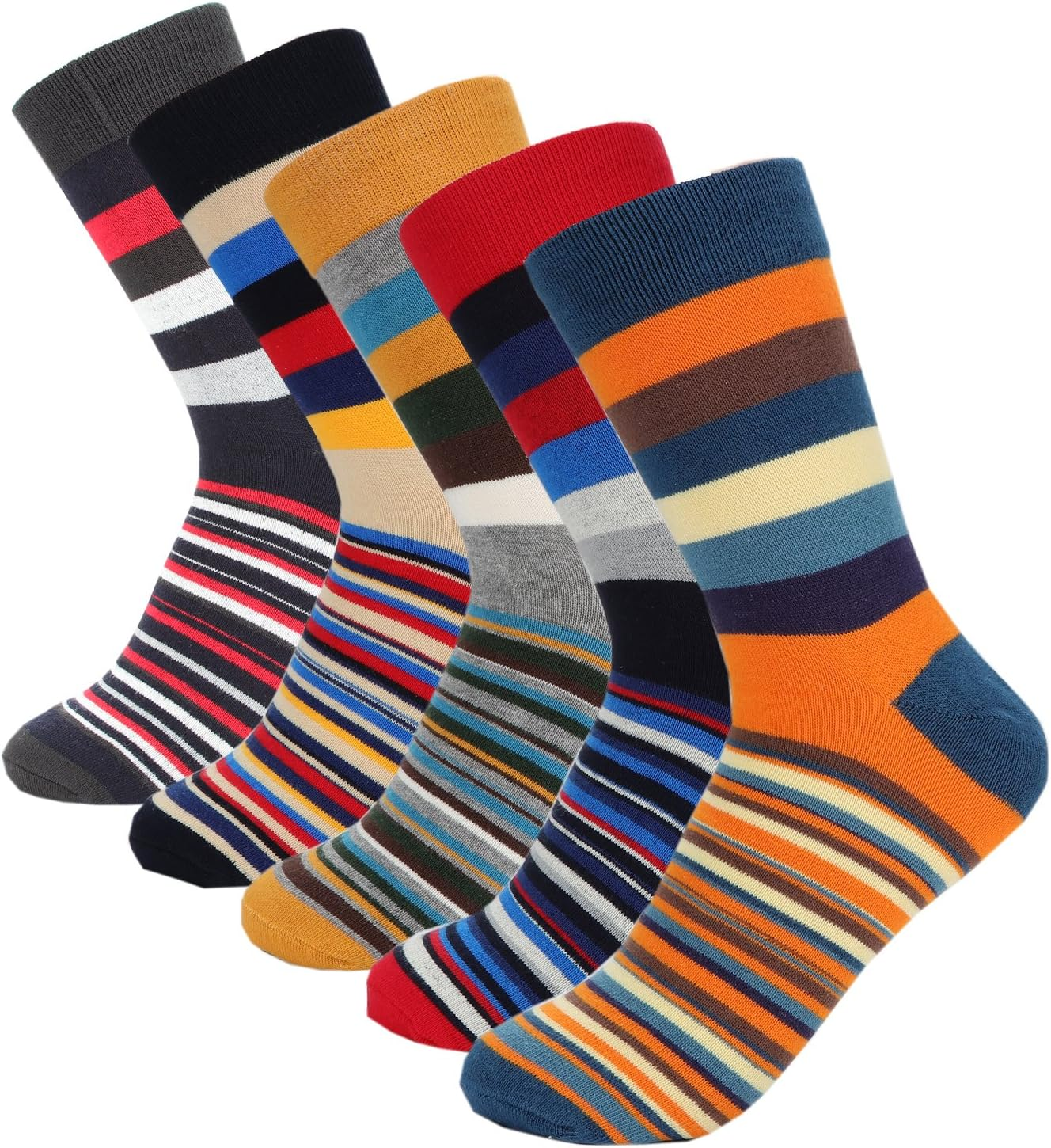 Hoyols Men'S Dress Casual Colorful Stripe Cotton Socks Patterned Business Long Socks (5 Packs) image number 4
