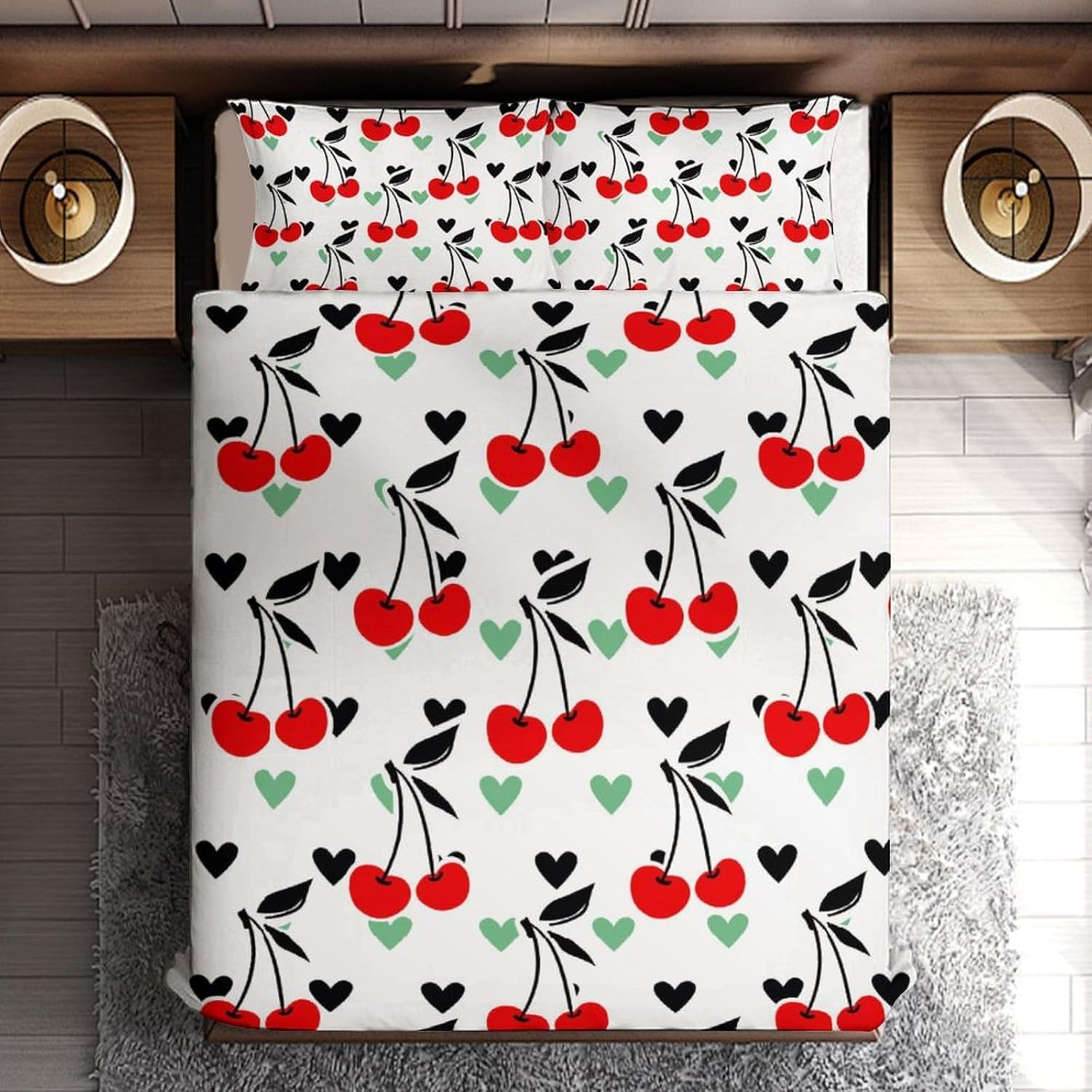 Delerain Comforter Set Queen Size, Red Cherry Print 3-Piece Bedding Set for Women Men Modern Soft Microfiber Bedroom Set Room Decor, 1 Duvet Cover + 2 Pillowcases image number 1