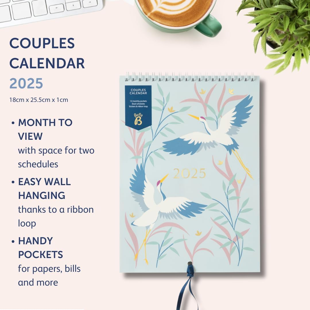 Busy B 2025 Calendar Couples Wall Calendar 2025 - Birds Slim Design with Dual Schedules, Monthly Pockets & Stickers - A5 Hanging Calendar for Shared Planning, Birthdays & Important Dates - Jan to Dec image number 2