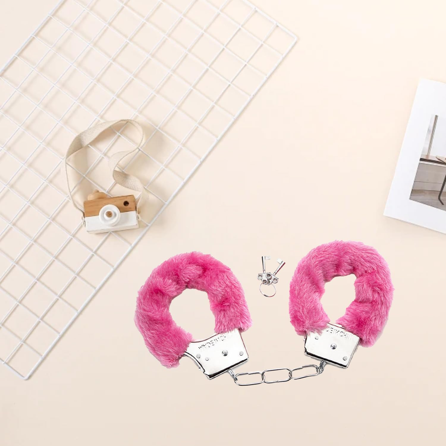 Pink Fur Handcuffs with Keys Fluffy Soft Silver Comfortable Handcuffs Fancy Dress Police Accessory Police Handcuffs Toy for Halloween Christmas Valentine&rsquo;S Party image number 3