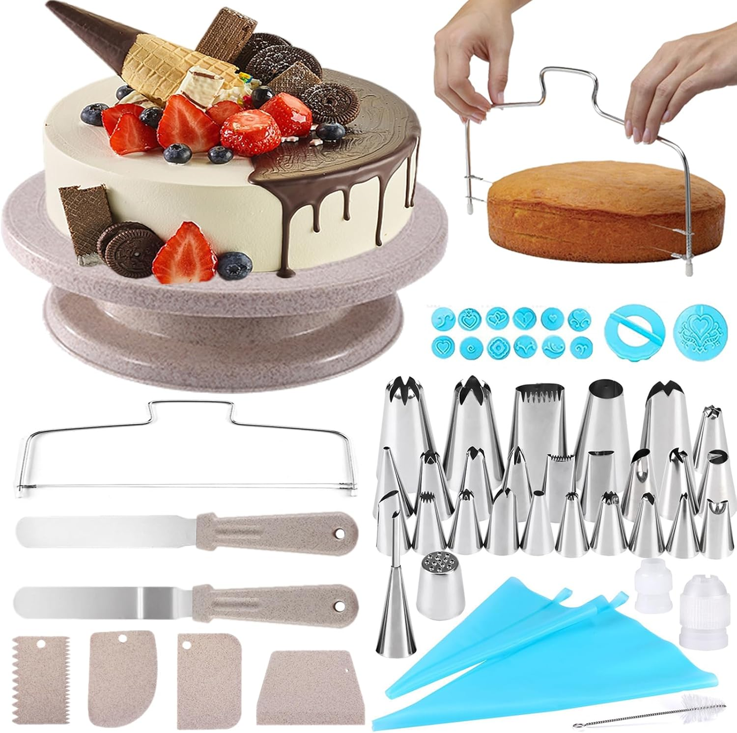54Pcs Cake Decorating Kit Baking Tools Supplies with Cake Turntable, Cake Leveler, 27 Piping Nozzles, 2 Pastry Bag, 2 Coupler, 2 Spatulas, 4 Scrapers, 14 Fondant Embossers & 1 Cleaning Brush image number 2