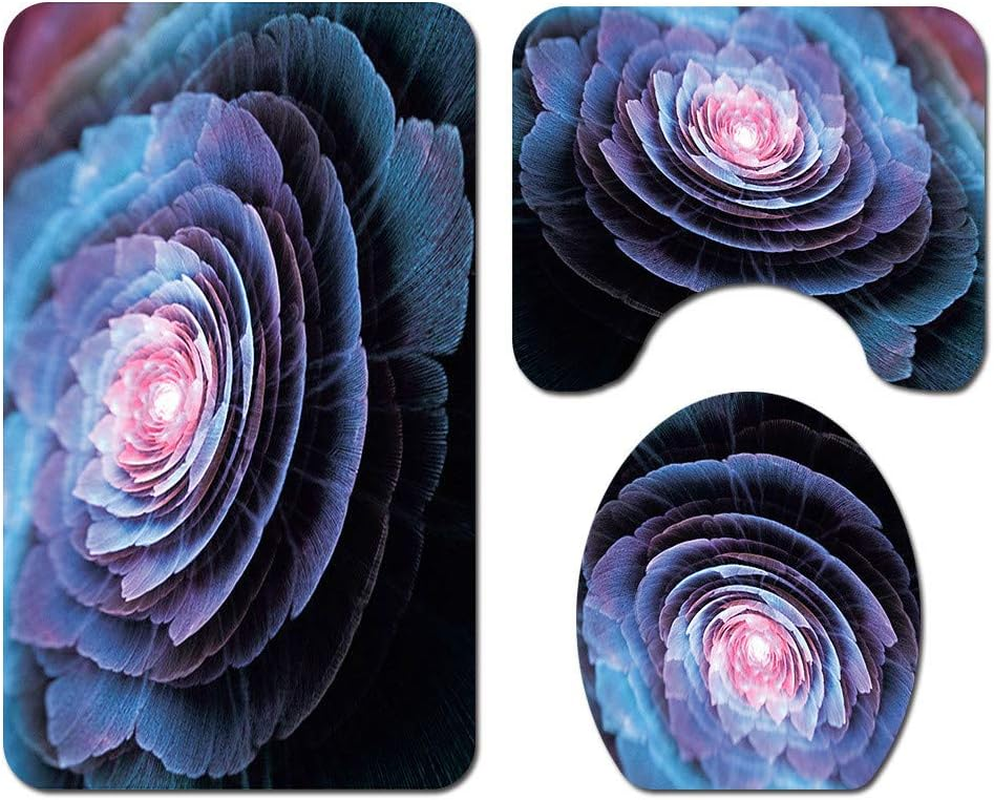 3 Pieces Polyester Non Slip Bathroom Mat Sets Bath Mat + Pedestal Mat + Toilet Seat Cover Mat, Morbuy Home Decor - Floral Print (Blue)