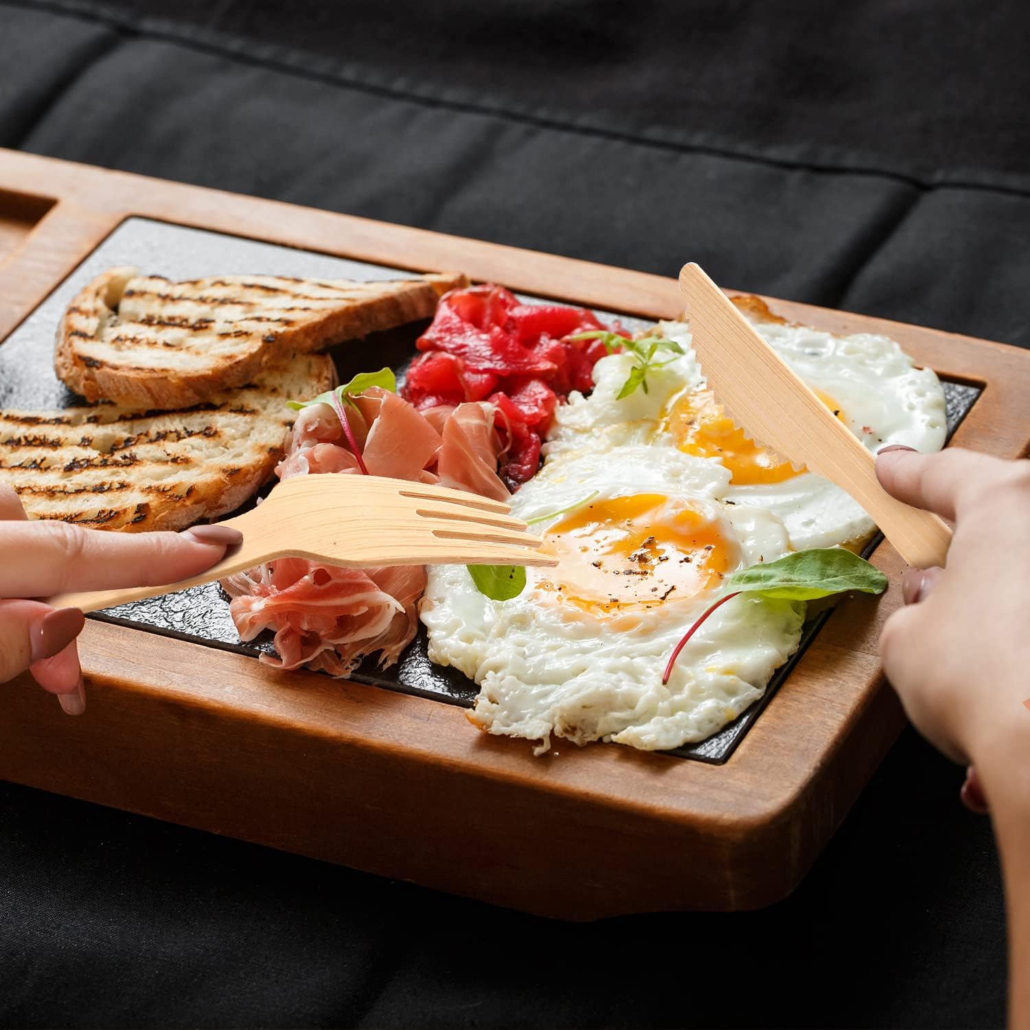 Bamboo Cutlery Set Napkins-58 Pack Individually Wrapped (6.7" 58 Spoons 58 Forks 58 Knives 58 Napkins) Disposable Travel Dinnerware Compostable Biodegradable Fork Knife Spoon and Napkin