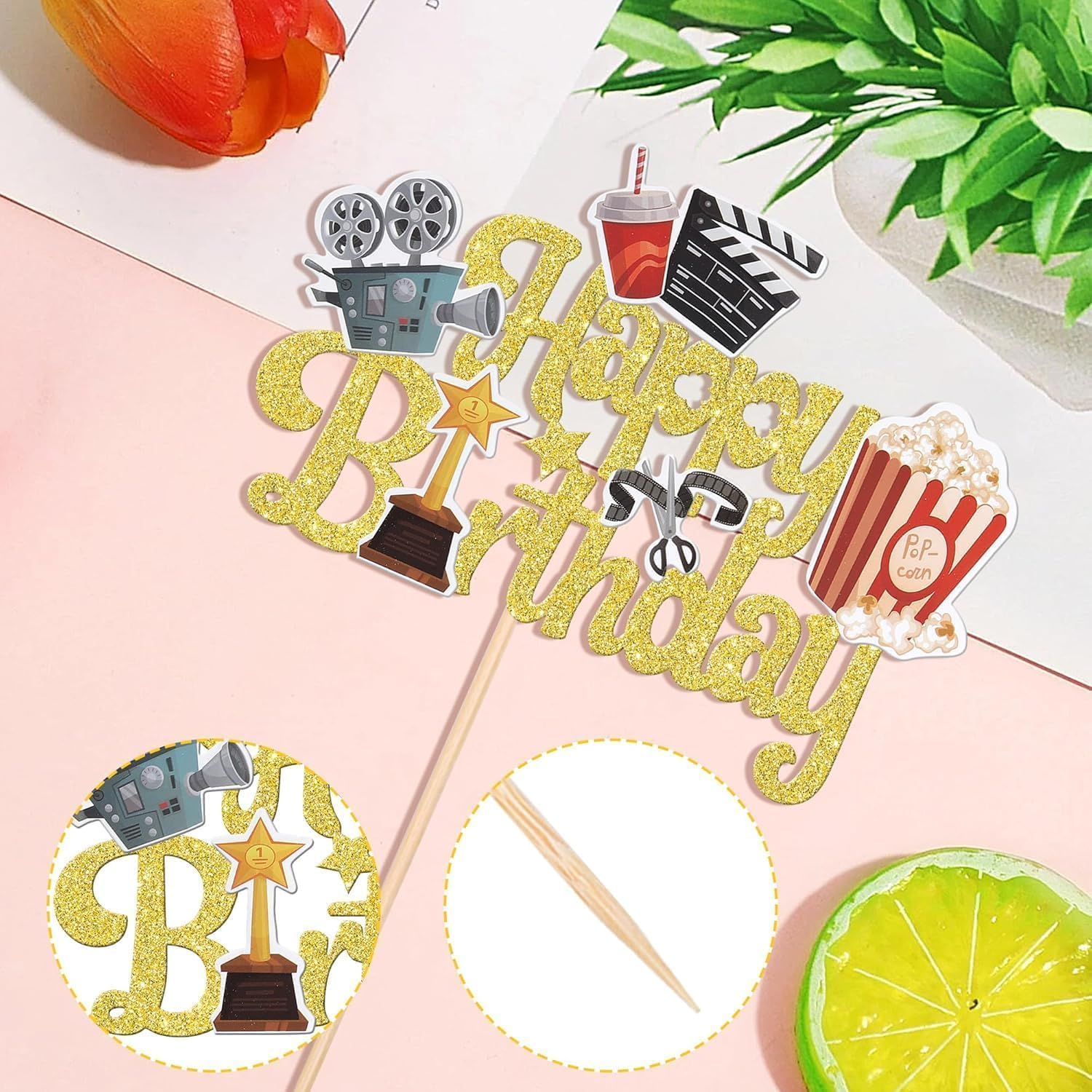 SYKYCTCY 1 Pack Movie Night Cake Topper Happy Birthday Sign Cake Pick Decorations for Theater Video Recorder Roll Camera Popcorn Hollywood Theme Family Film Baby Shower Birthday Party Supplies (Gold) image number 4