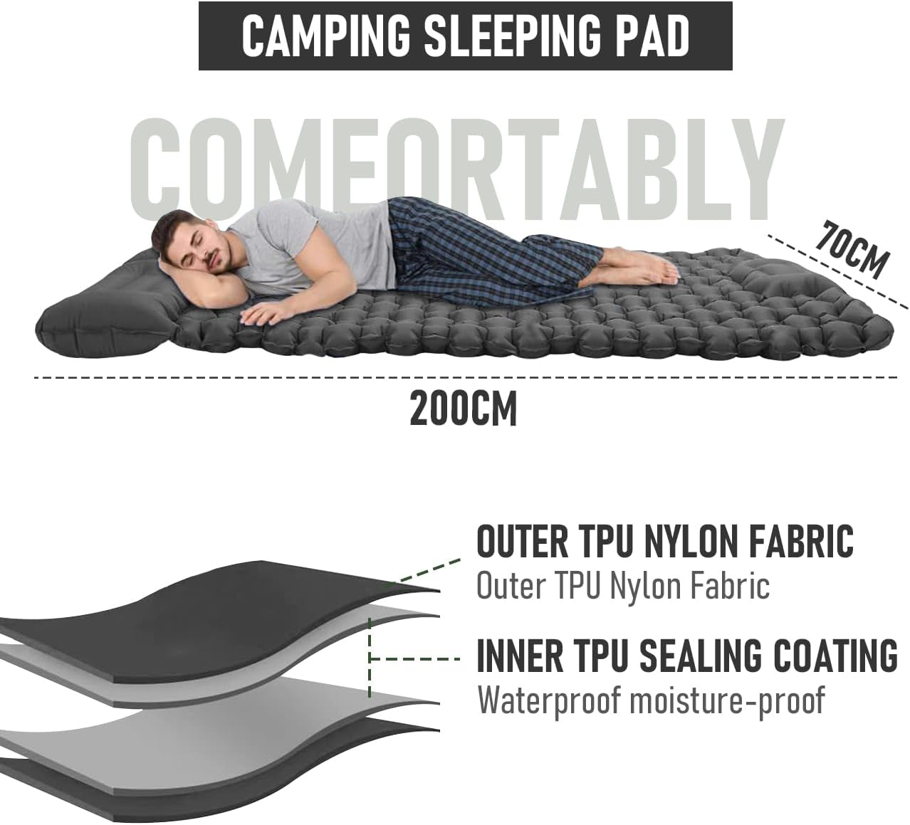 Alpen Outdoor Portable Sleeping Pad, Built-In Pump, Mattress Inflatable Foot Press Ultralight Mat with Pillow for Backpacking, Hiking, Traveling (Grey) - Green image number 5