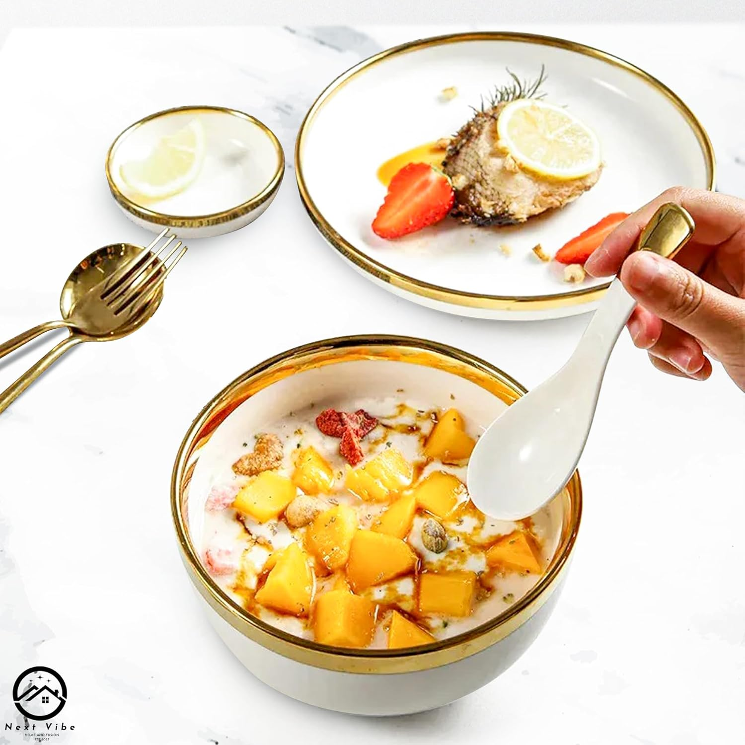 Next Vibe - Home Porcelain Chip and Scratch Resistant Dinnerware Set, Service for 4 Pepole (18Pcs) with Brown Box, Plates and Bowls Dishes Sets White image number 5