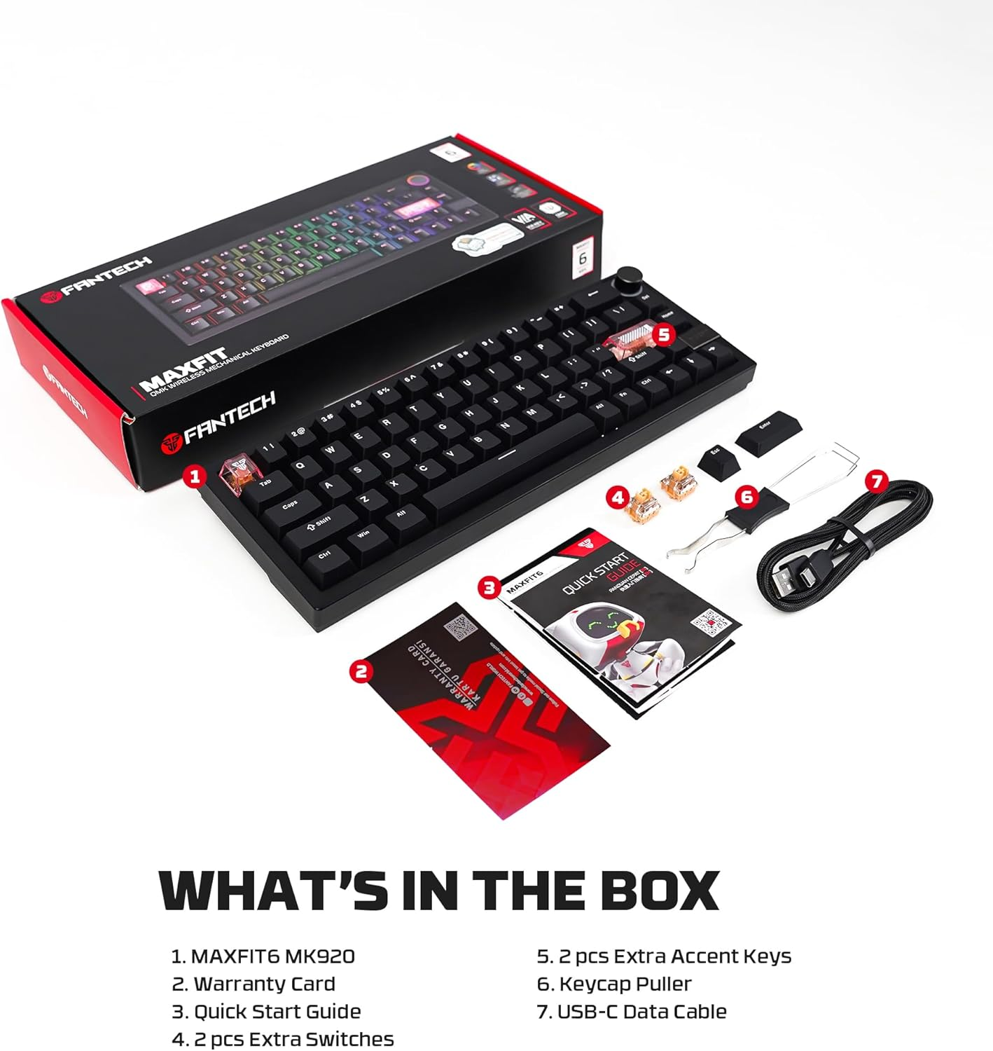 Fantech MAXFIT6 60% QMK/VIA Wireless Mechanical Keyboard with Knob, Hot Swappable with RGB Backlit Gaming Keyboard,Gasket Structure for Mac/Windows(Black; White Switch) image number 5