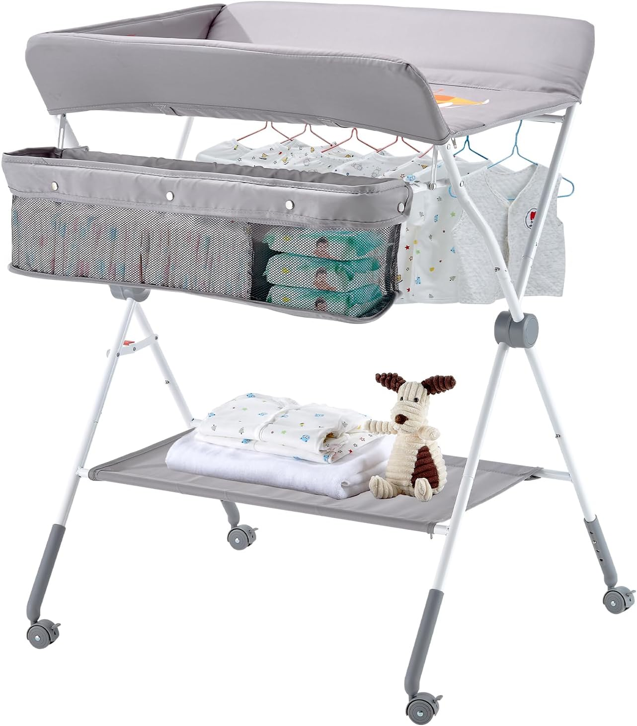VEVOR Baby Changing Table, Foldable Diaper Change Station with Side Basket, Adjustable Height Portable Changing Table with Lockable Wheels, Multi-Functional Storage Organizer Nursery, Light Gray image number 2