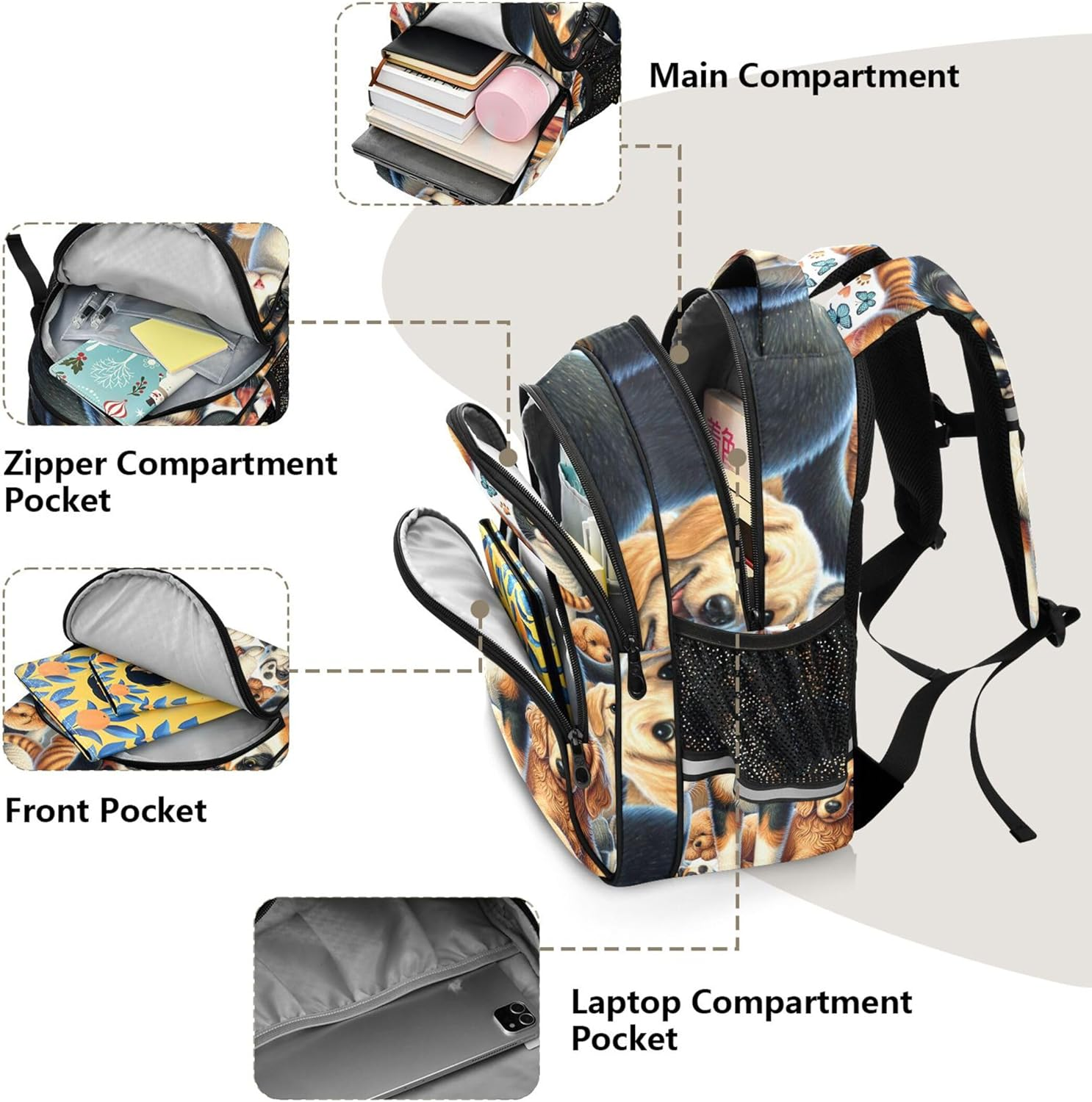 Cute Dogs and Cats Kids Backpack Boys Toddlers Elementary School Bag Cartoon Animal Print Personalized Custom Bookbag