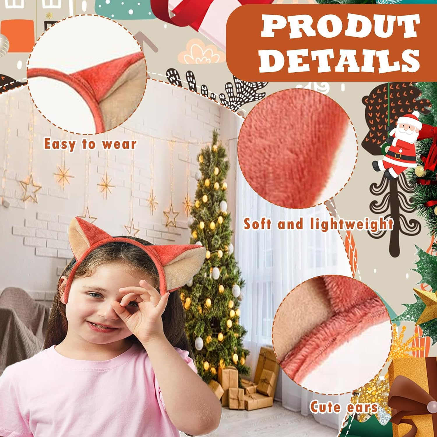 Fox Ears, Fox Ears Headband, Cartoon Fox Plush Animal Ears Cartoon Club Christmas Party Cosplay, for Christmas Decorations Fancy Dress up Fox Cosplay Costume