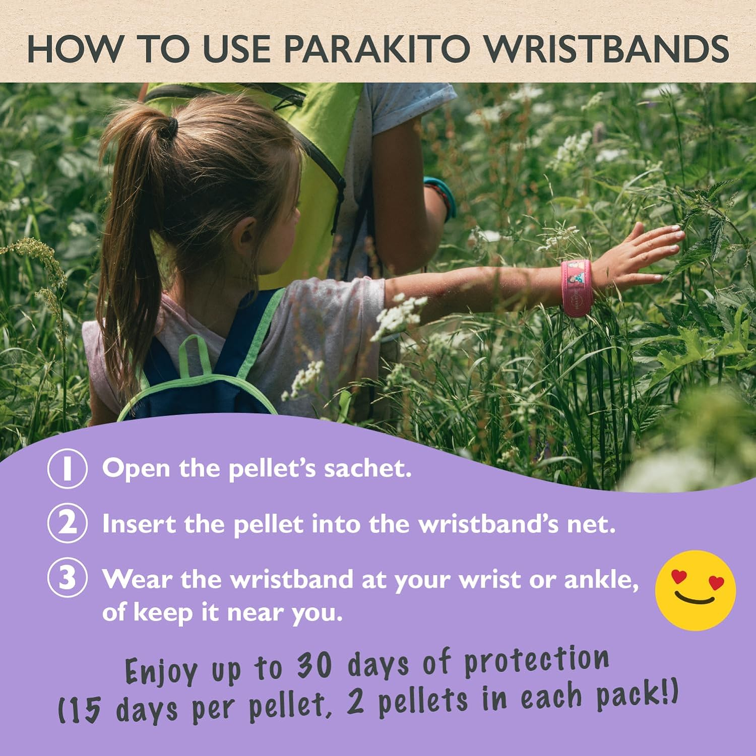 PARAKITO Mosquito Band Kids - Mozzie Bands Kids - W/Natural Essential Oils, No DEET, No Alcohol, Waterproof, from 3+ Years. 30 Days Protection, 15 Days per Pellet, 2 Pellets per Pack (Polar Bear)