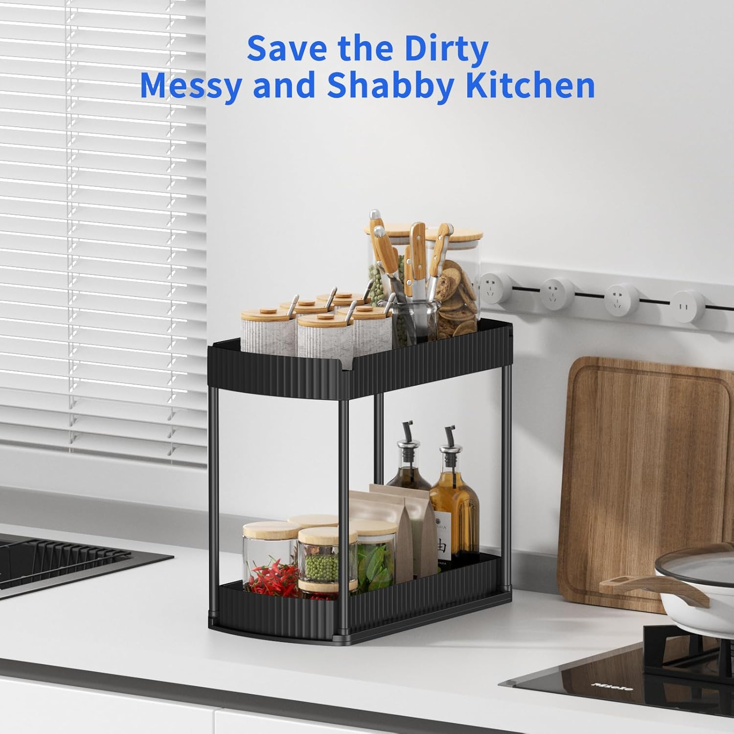 Under Sink Organizer Storage 2 Packs, 2-Tier Shelf with 4 Hanging Hooks, under Slid Cabinet Basket Rack for Bathroom Kitchen image number 5