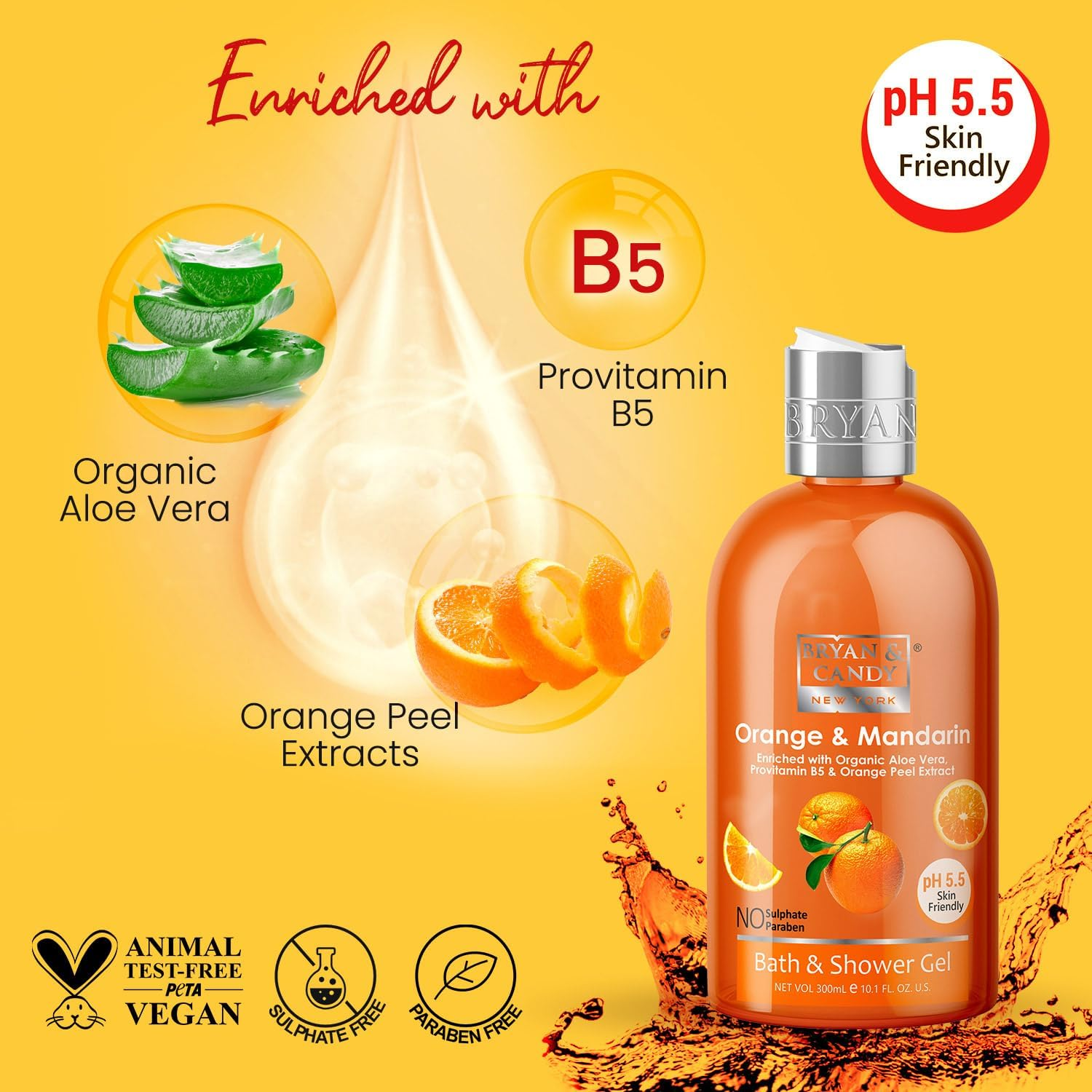 Bryan & Candy New York Orange and Mandarin Shower Gel (300Ml) with Aloe Vera. Gentle, Moisturizing Body Wash for Soft, Supple Skin image number 3