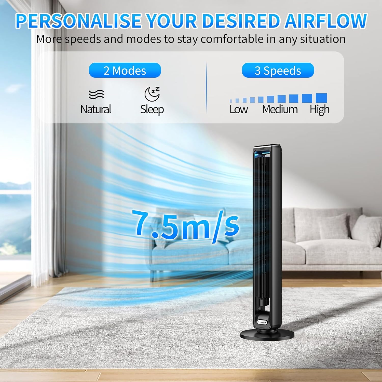 Smart Tower Fans with Aroma Box, 107Cm Slim Design, Touch Control and Remote Control, 70&deg; Oscillation, 7.5 M/S Silent Tower Fan, 3 Speeds, 15-Hour Timer, Black Standing Fan image number 1
