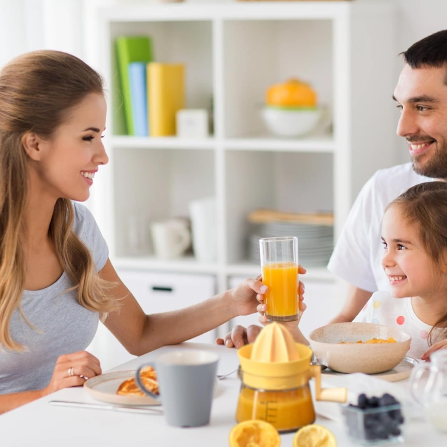 Simple Juicer, Multi-Function Hand Crank Juicer, 2 Cup Capacity, Stable Base, Suitable for Citrus, Lemon, Orange Juicer with Measuring Cup- Yellow image number 1