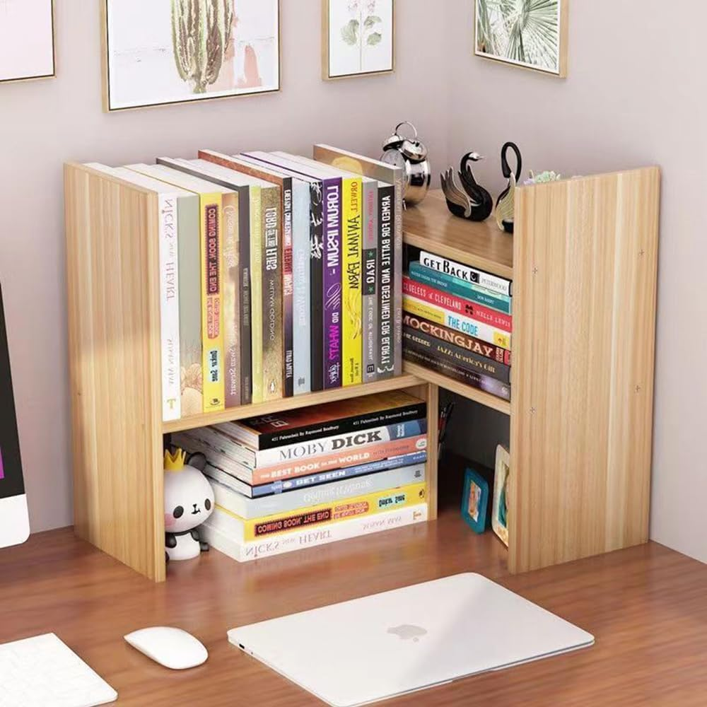 Hbluefat Desktop Bookshelf,Small Desk Shelf Organizer Mini Shelves Adjustable Desk Bookcase Display Organizer for Home Office, Bedroom, Living Room (Wood) image number 5