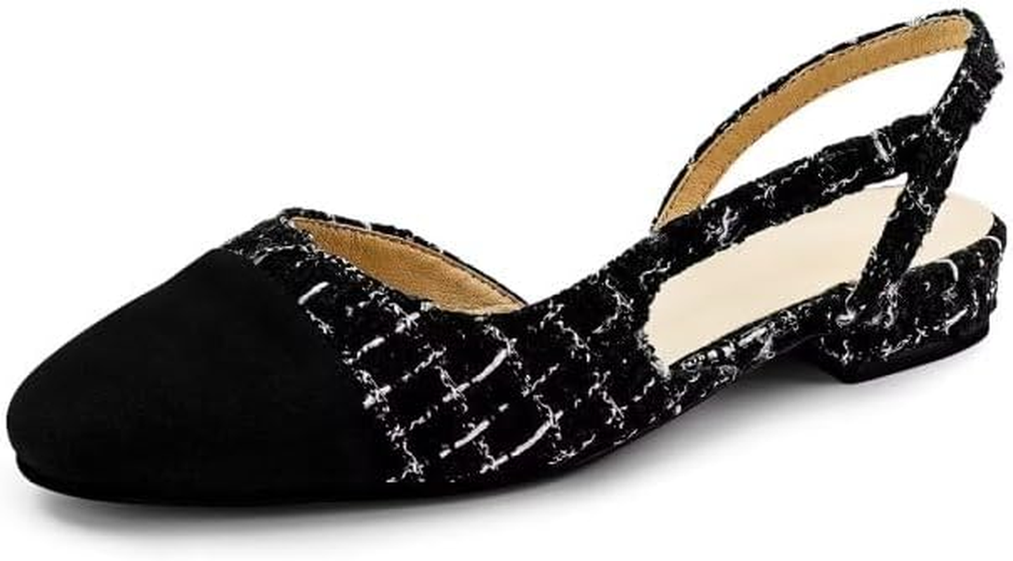 MICIFA Slingback Flats for Women, round Toe Low Heel Sandals Fashion Splicing Dress Shoes for Women, Fabric Black, 8.5