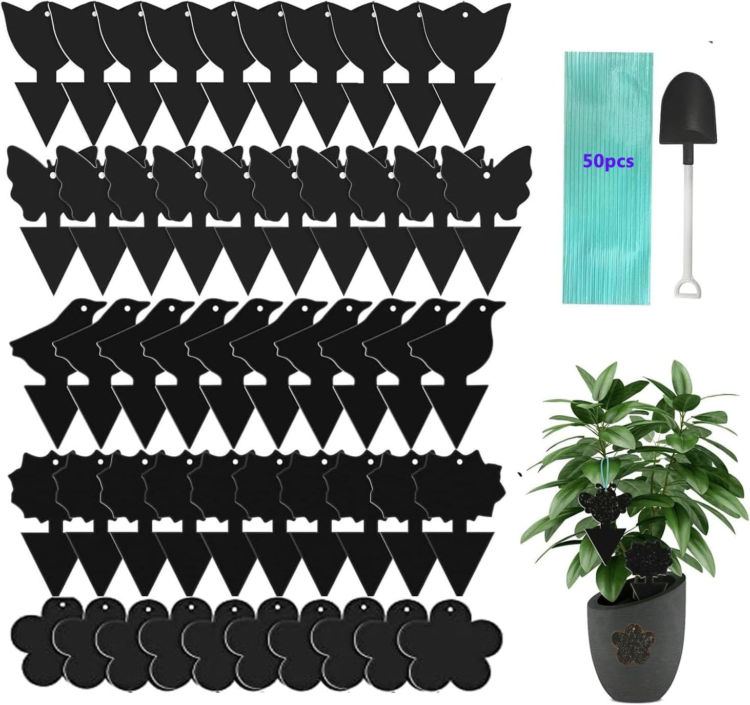50 Pack Sticky Dual-Sided Gnat Traps,Fruit Fly Trap with Punch Hole,Fungus Gnat Non-Toxic and Odorless for Mosquitoes,Houseplant, Garden,With Twist Ties and Small Shovel (Black) image number 2