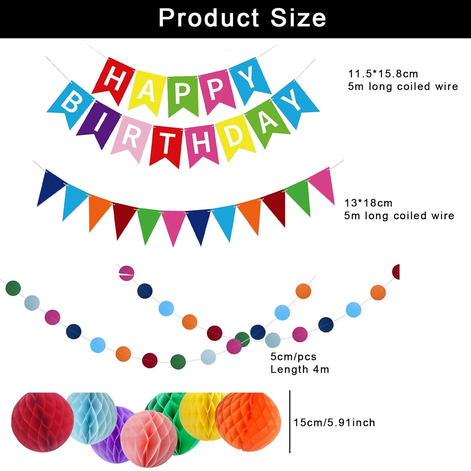 Birthday Party Decoration Gifts with 7 Honeycomb Balls and 1 Colorful Pennant Hanging Paper Fan Reusable Birthday Banner Suitable for Birthday Parties of Different Ages image number 4