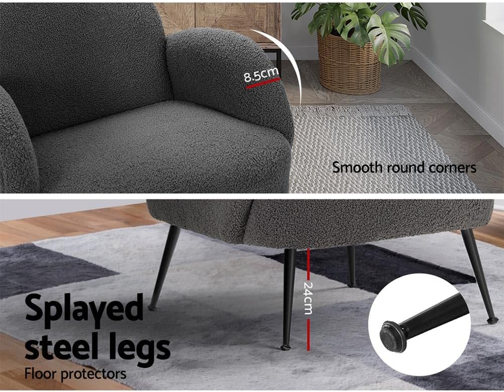 Artiss Armchair Sherpa Fabric Recliner Lounge Dining Chairs Nursing Occasional Reading Seating Single Sofa Home Living Room Bedroom Furniture, Charcoal with 18Cm Thick Padding Seat