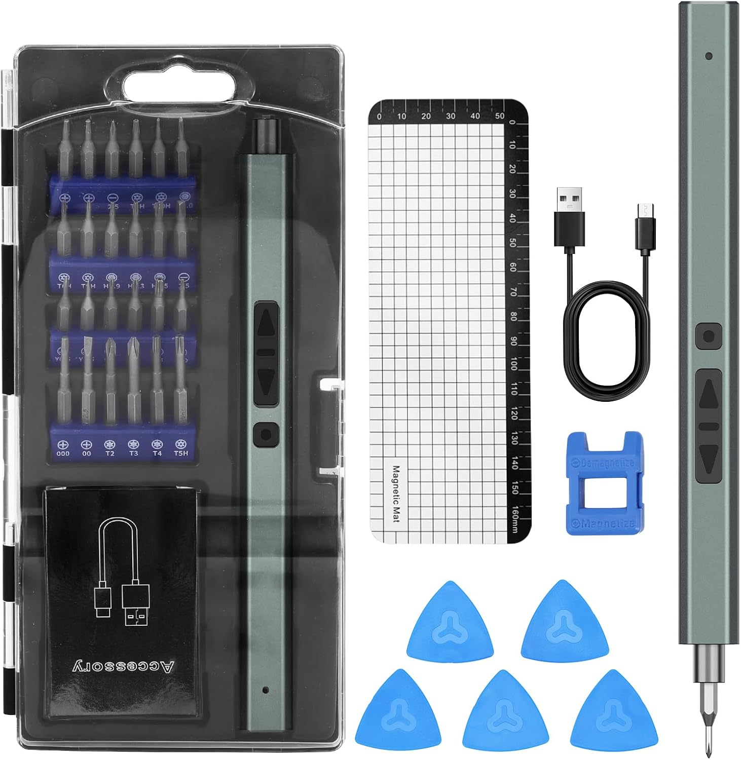 AMIR Electric Screwdriver Set, 33 in 1 Cordless Screwdriver Set with 24 S2 Precision Bits, Electronic Repair Tool Kit with LED Light & Type-C Charge for Phone, Camera, PC, Laptop, Watch image number 5