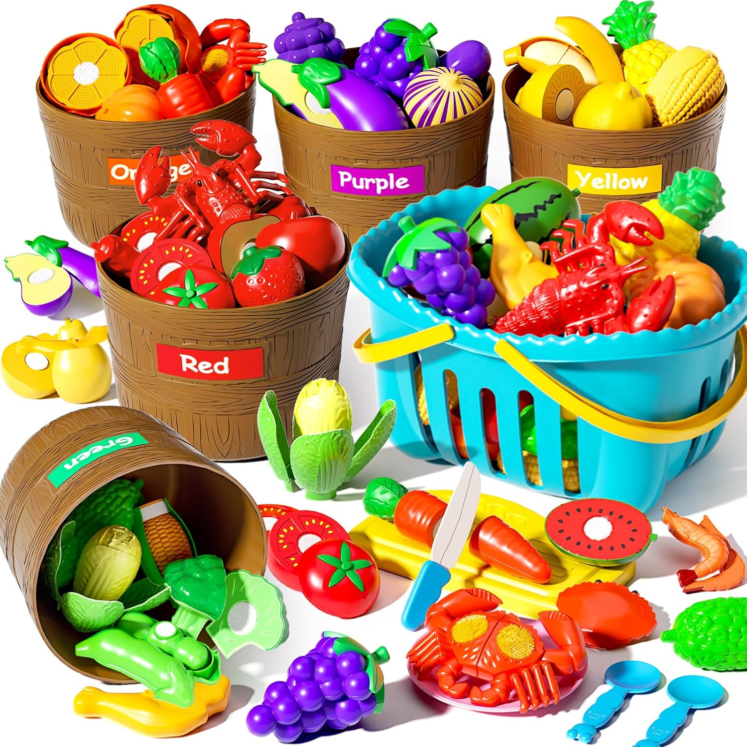 Cutting Play Food for Kids,105Pcs Pretend Play Kitchen Toys,Fake Food/Fruits/Vegetables Set,Play Kitchen Accessories with 2 Blaskets for Kids Boys Girls 3 4 5 6 image number 4