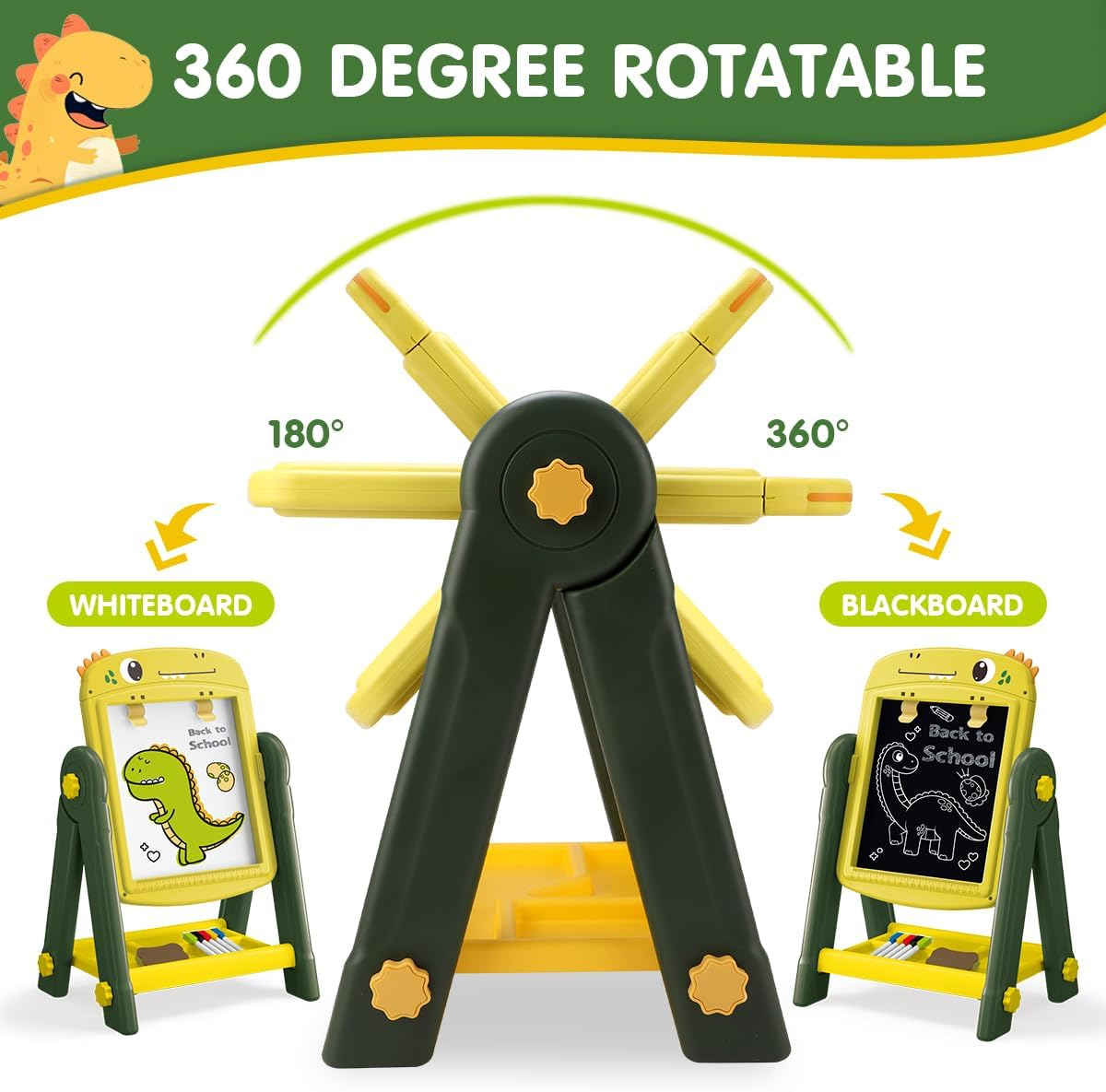 Qizebaby Kid Easel，4 in 1 Rotatable Double Sided for Kids，Adjustable Standing Toddler Toy with Magnetic & Chalk ，Dinosaur Toy for Baby 3 4 5 6 Years Old Boys & Girls image number 1