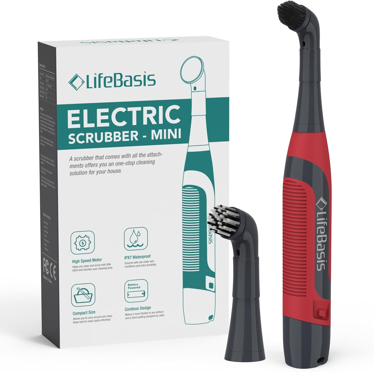 Lifebasis Cordless Electric Cleaning Brush &ndash; Handheld Power Scrubber with 2 Replaceable Heads, IPX7 Waterproof, for Grout, Tile, Sink, Kitchen, Bathroom & Corner Cleaning - Red image number 2