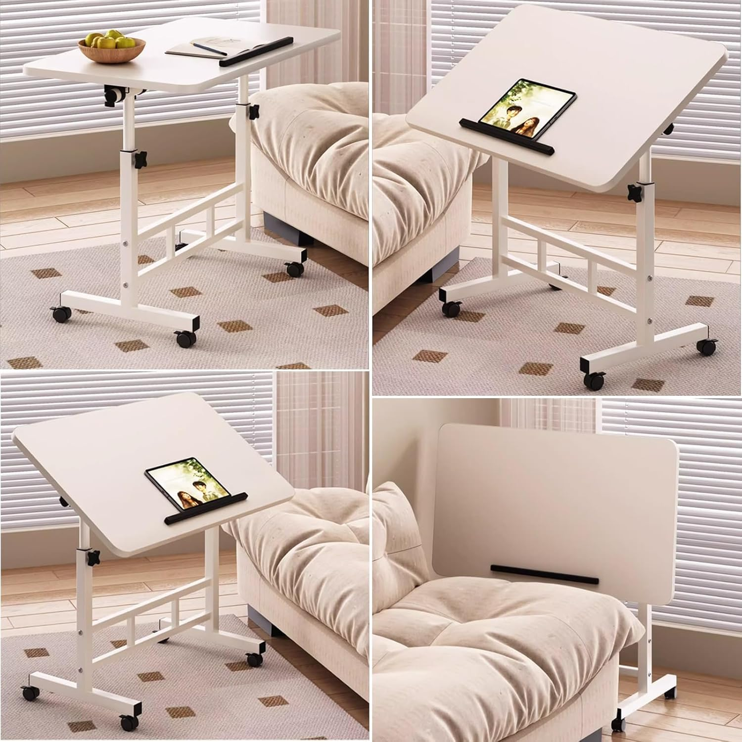 Hbluefat Mobile Small Rolling Computer Desk, 31.5" Folding Adjustable Height Laptop Cart Table with Wheels, Portable Flip Office Work Desk for Home Office, Small Space (Walnut) image number 6