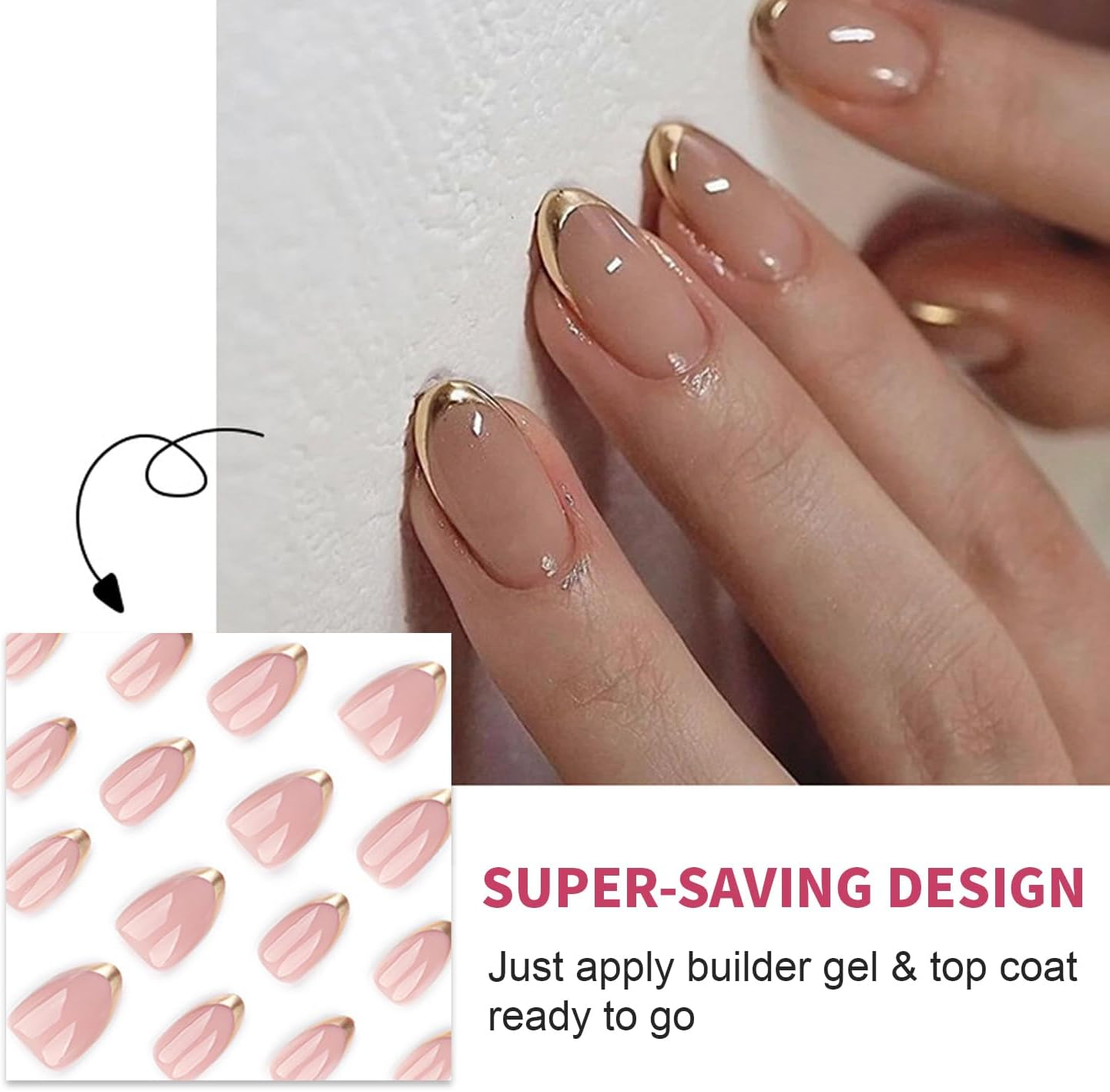 24 Pcs Press on Nails Short Almond Stiletto, Glitter Pink with Gold Tips Fake Nails with Jelly Adhesive Tabs Reusable Nail Art Kit for Women Girls