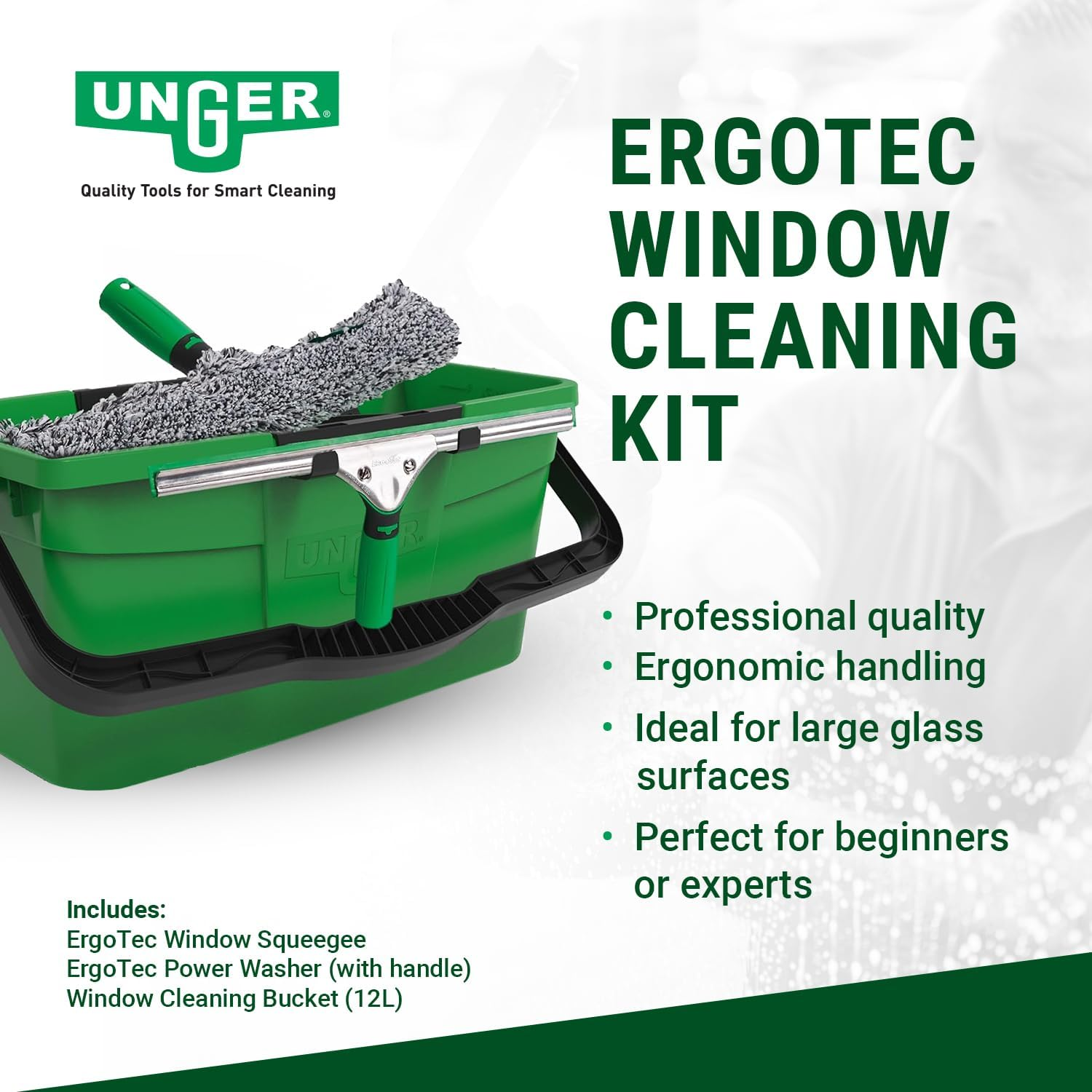 UNGER AK013 Window Cleaning Kit 3-In1 Starter Set - Window Squeegee, Microfibre Power Washer with T-Bar Handle, 18L Cleaning Bucket - Professional Window Cleaner Equipment, Green image number 1
