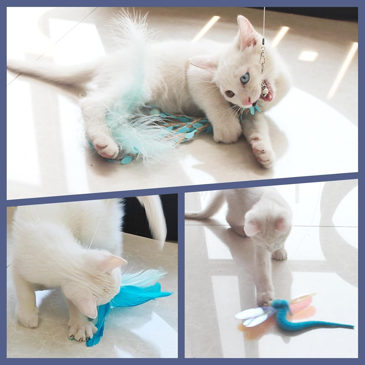 SONGWAY Cat Wand Toys for Indoor Cats - Cat Feather Toys with Retractable Cat Stick and 6 PCS Fairy Cat Teaser Toy Refills, Butterfly Tassel Plush Cat Toys Interactive, Blue Visit the SONGWAY Store image number 3