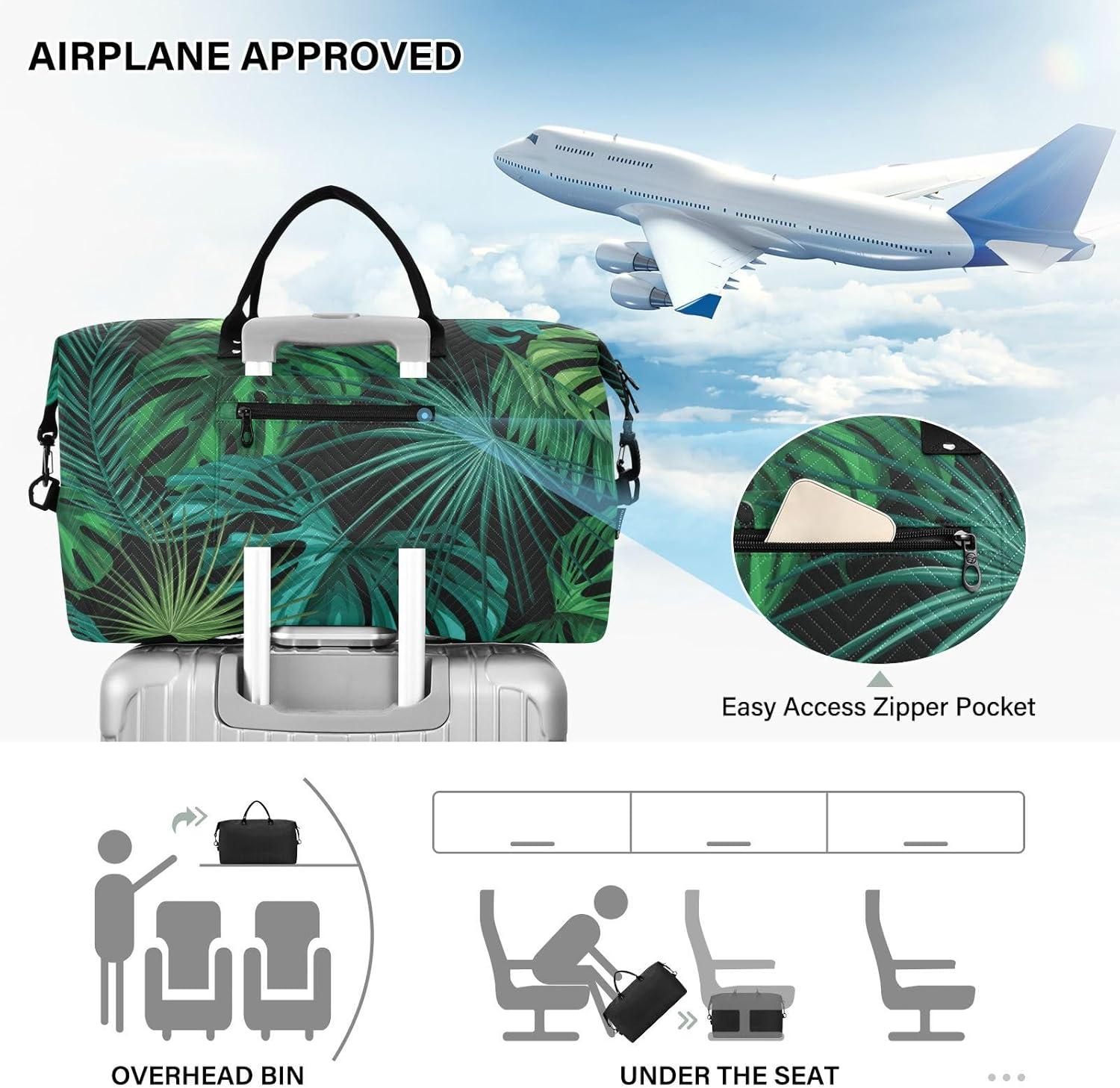 Large Bag Weekender/Overnight Duffel Tropical Plant Leaves Green Workout Bag with Adjustable Strap for Business, Tropical Plant Leaves Green, Set of 2, Art Deco