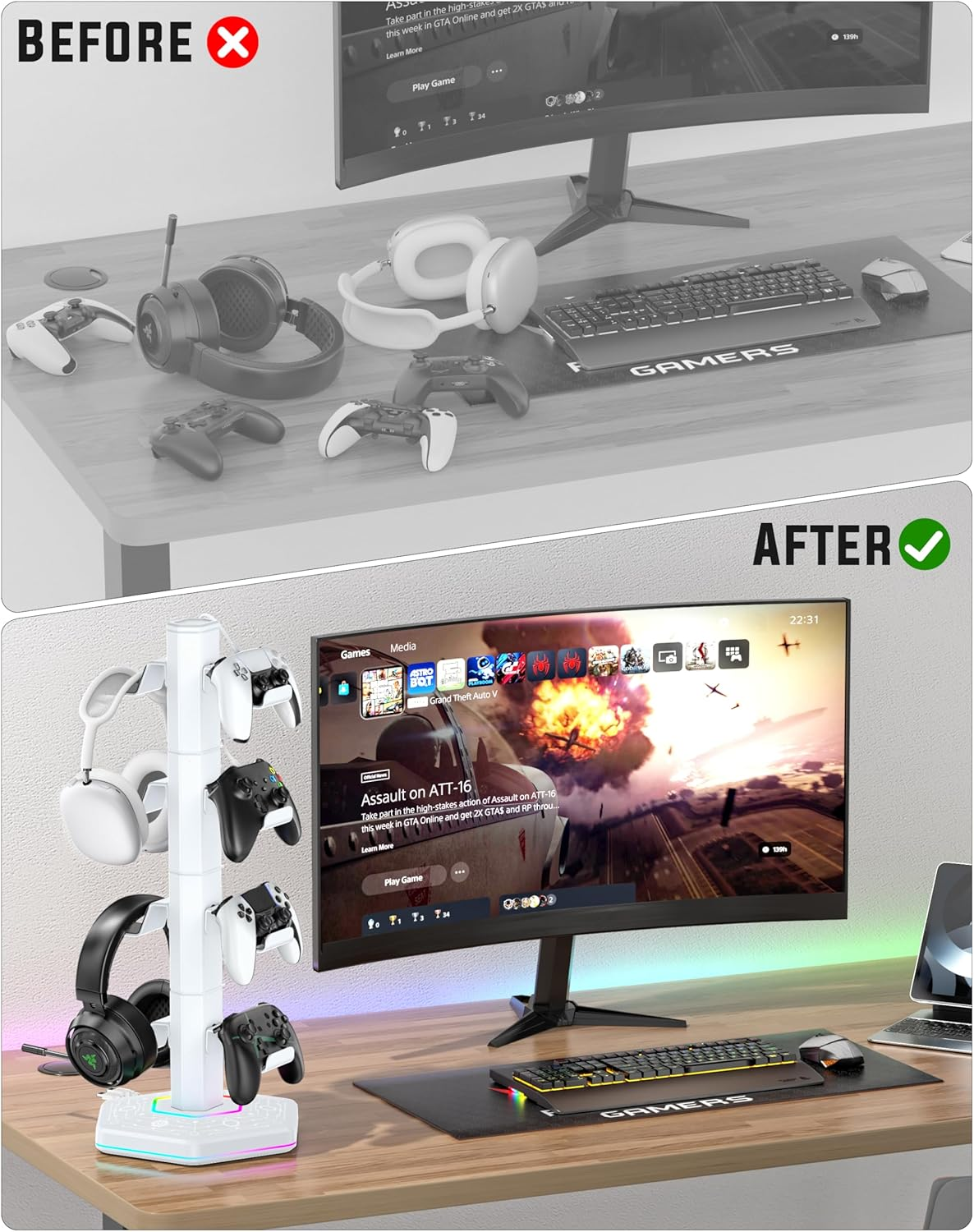 Kytok RGB Controller Holder for Ps5/Ps4/Xbox/Switch, Headphone Stand with 2 USB Charging Ports & Type-C & Headphone Jack, Controller Stand with Cable Organizer, Headset Holder for Desk, 4 Tiers White image number 5