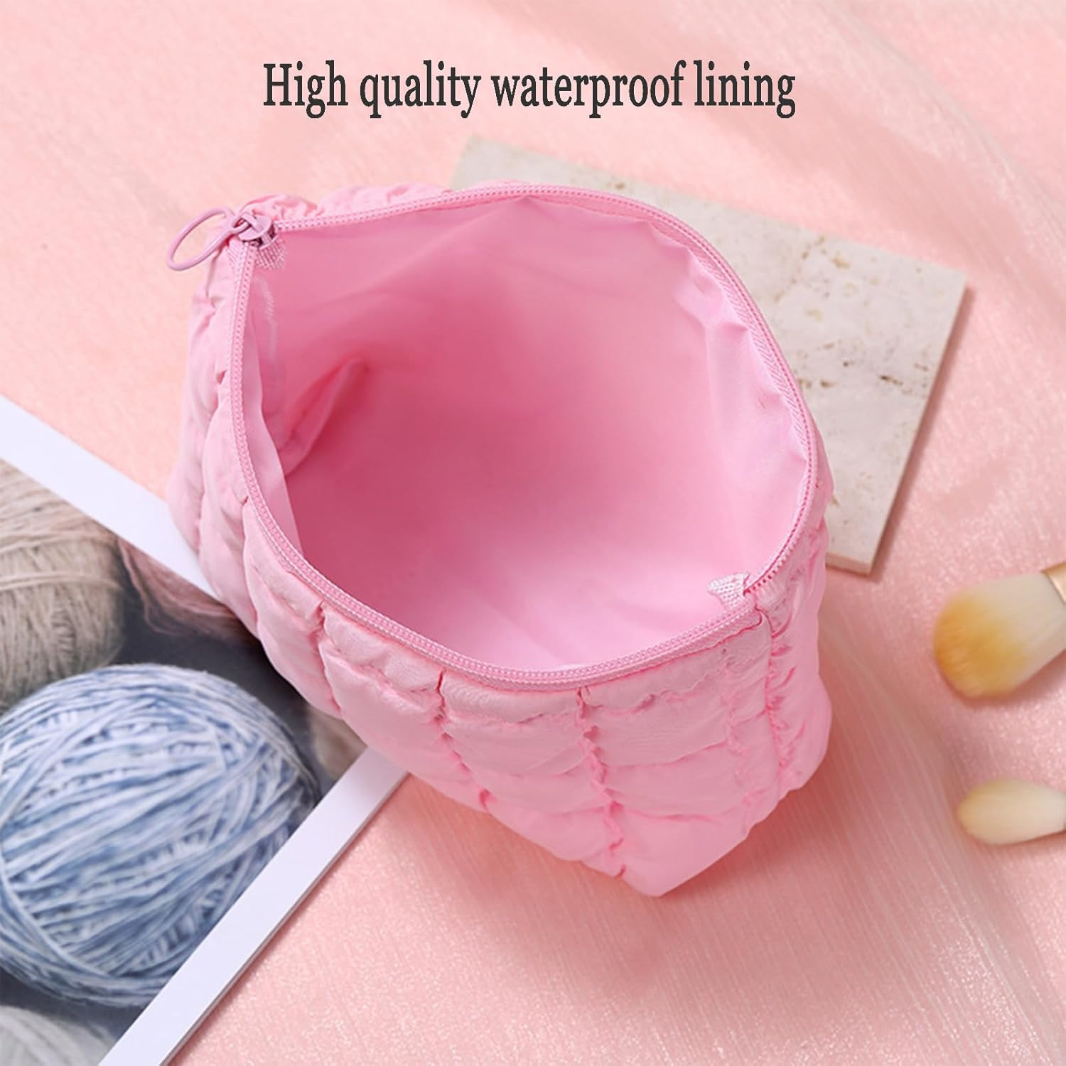 Puffy Makeup Bag Quilted Makeup Bag Cute Checkered Cosmetic Bag for Women Travel Toiletry Bag Puffer Makeup Pouch Puffy Purse Pouch Preppy Makeup Organizer Pencil Case with Zipper(Black) image number 4