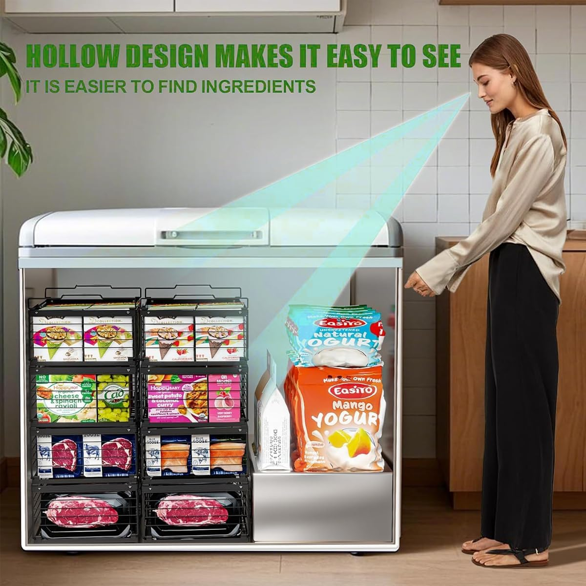 Blissify 2 Pack Expandable Freezer Basket, Stackable Large Freezer Organiser, Deep Chest Freezer Organizer Bins with Foldable Handles for Sorting Frozen Meats and Food, Black