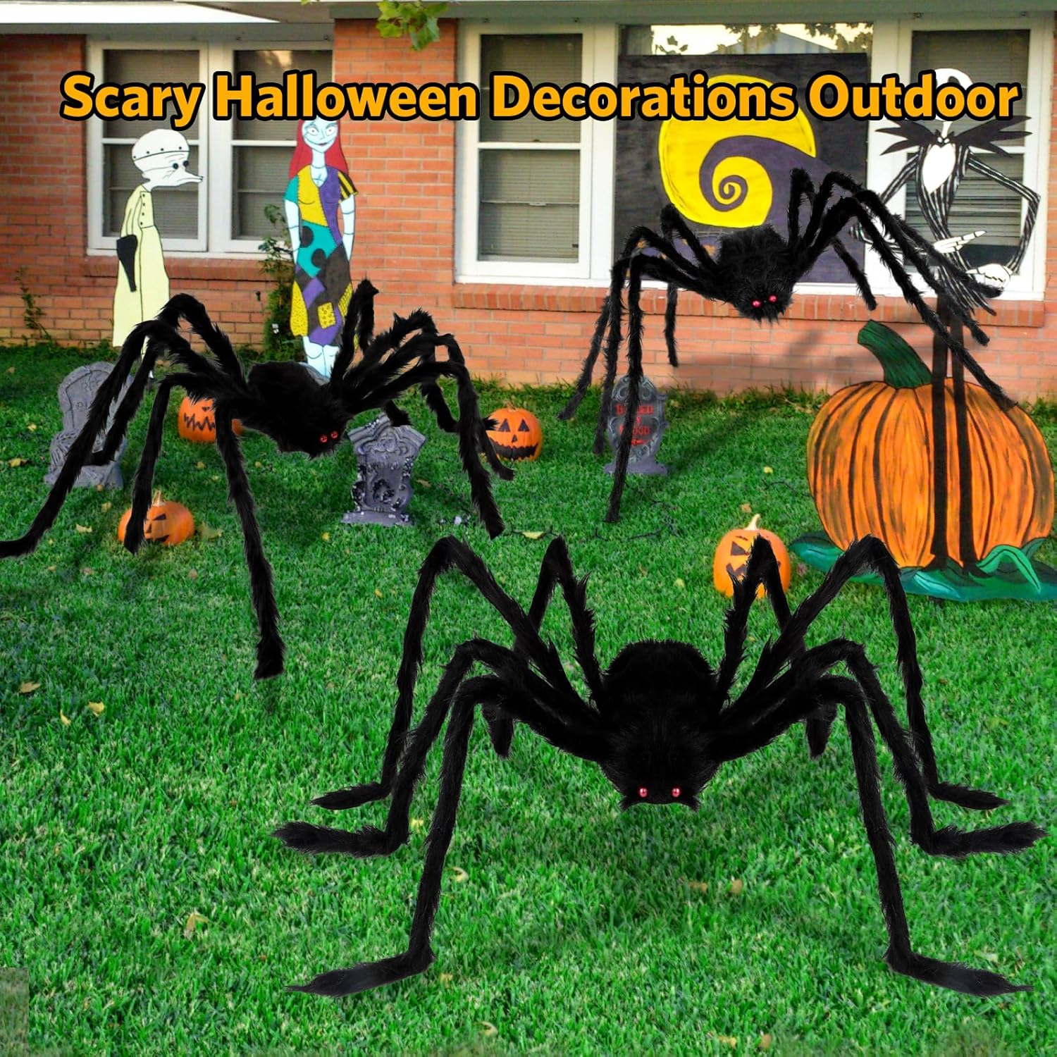 Halloween Giant Spider Decorations - 3 Pcs Realistic Scary Spiders Set Halloween Decorations outside - Fake Large Spiders Props for Indoor Outdoor Lawn Yard Party Creepy Decor (59", 49&rdquo;, 35&rdquo;)