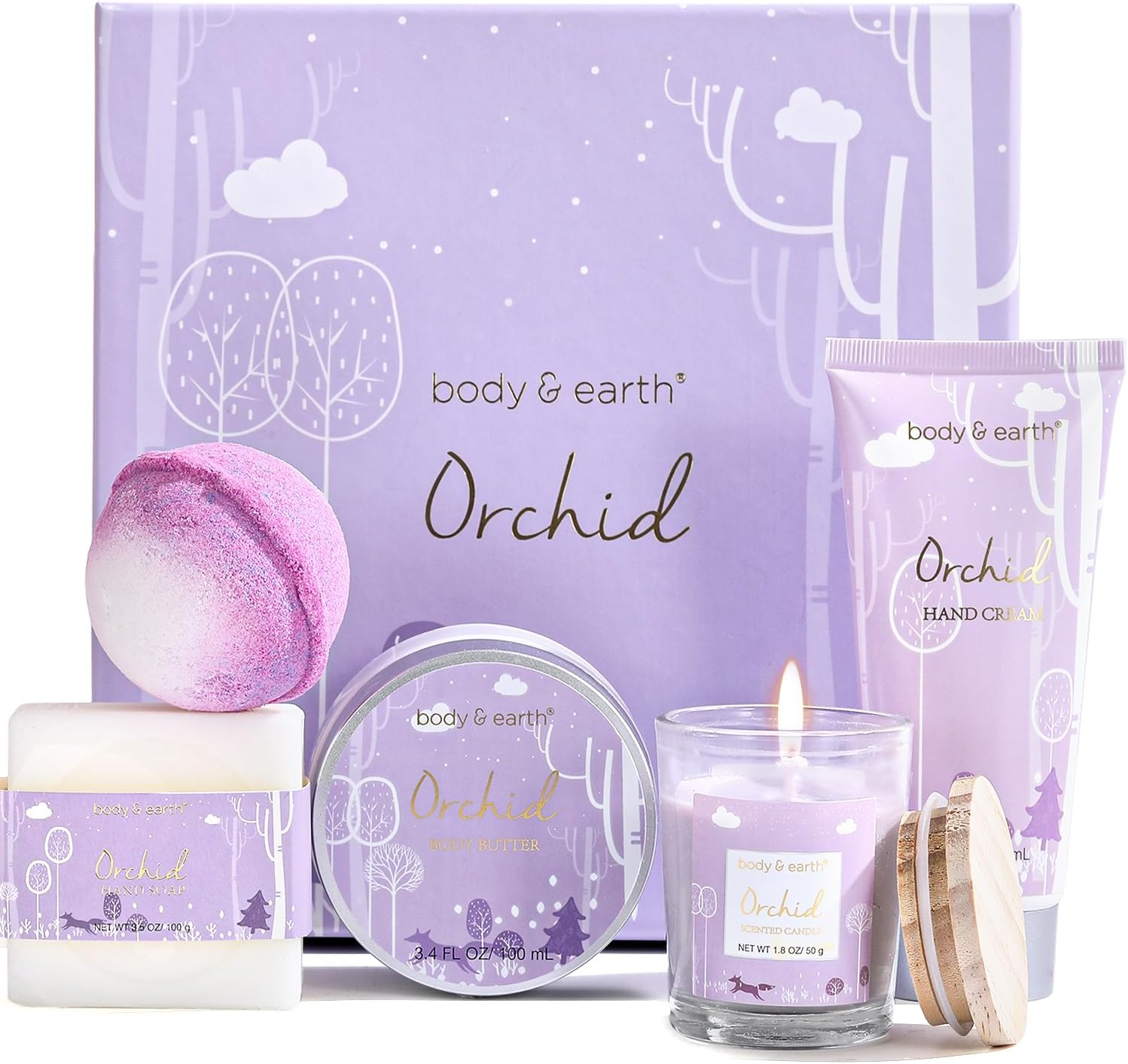 Body & Earth Bath Spa Gifts for Women - Gift Set for Women, 5 Pcs Bath Set with Orchid Scented Candle, Body Butter, Hand Cream, Bath Bar and Bath Bomb, Birthday Gifts Box for Women, Valentines Day Gifts. image number 3