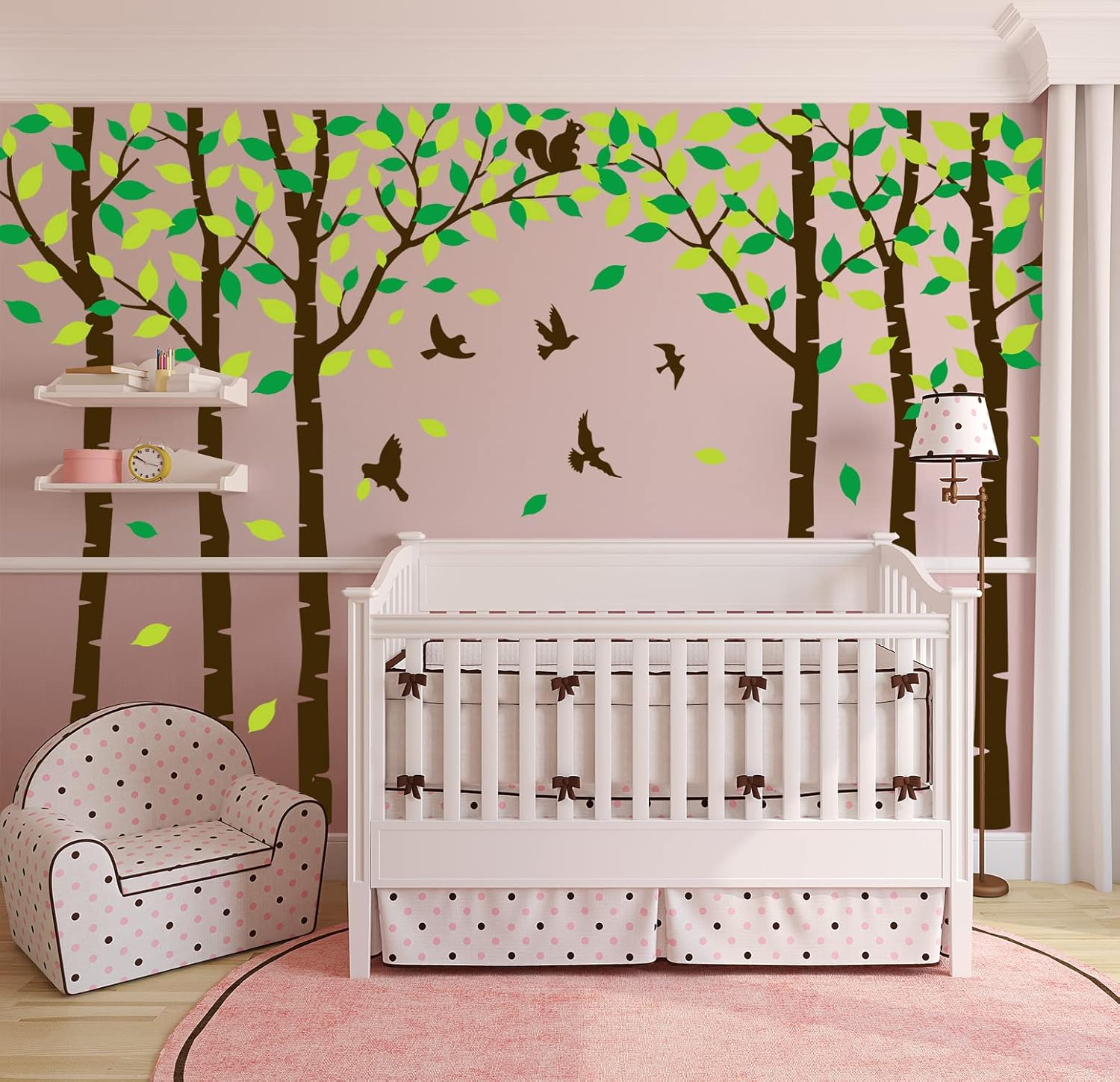 Six Birch Tree Wall Decals Birds Cute Squirrel Forest Wall Stickers for Kids Room Nursery Bedroom Living Room Classroom Decoration (Brown,Green) image number 2