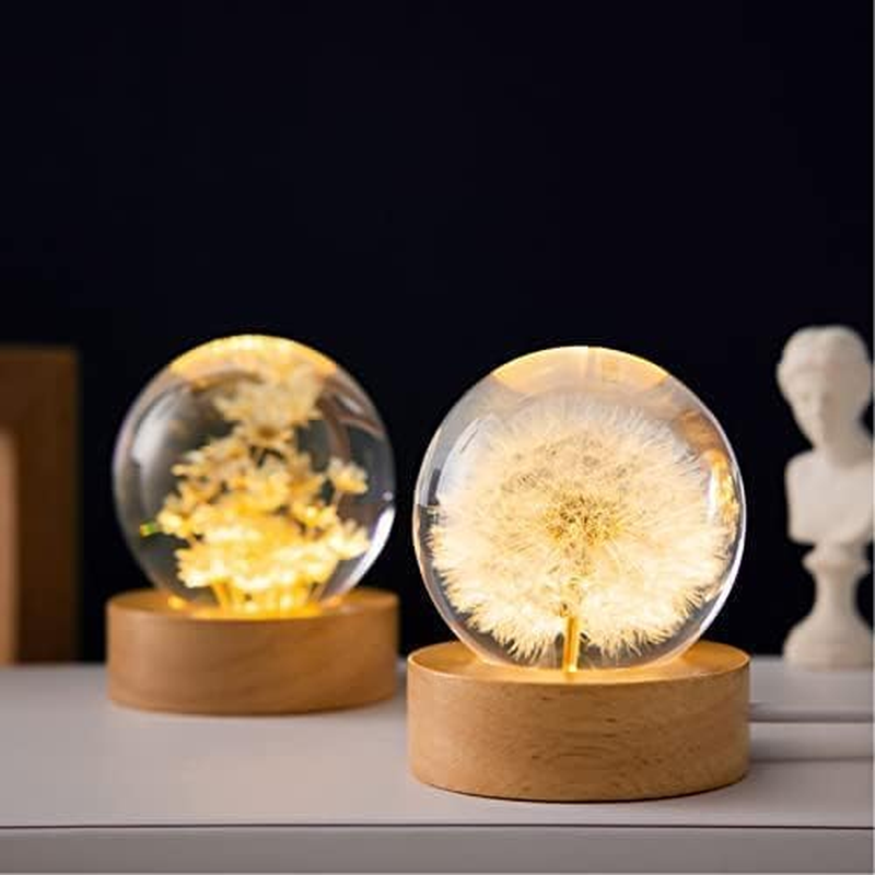 MARZIUS Flower Crystal Ball Night Light,2.4 Inch Glass Ball Night Lamp with Woodern Base (Red Daisy) - Yellow image number 4