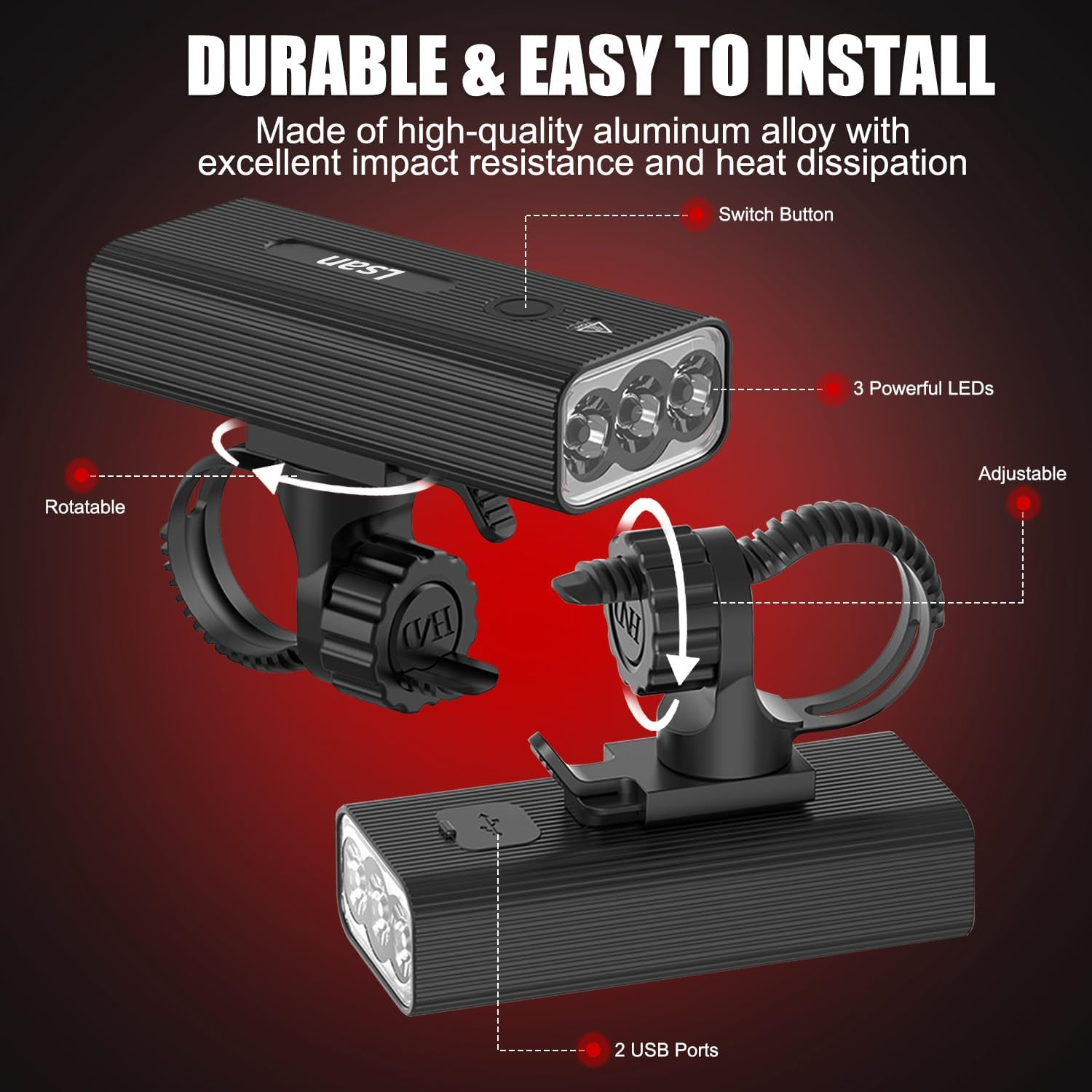 Super Bright 1200 Lumens Bike Lights Set - USB Rechargeable 3 LED Front and Back Bicycle Lights, IPX5 Waterproof with 3+5 Light Modes, Power Bank Function, Ideal for Night Riding image number 4