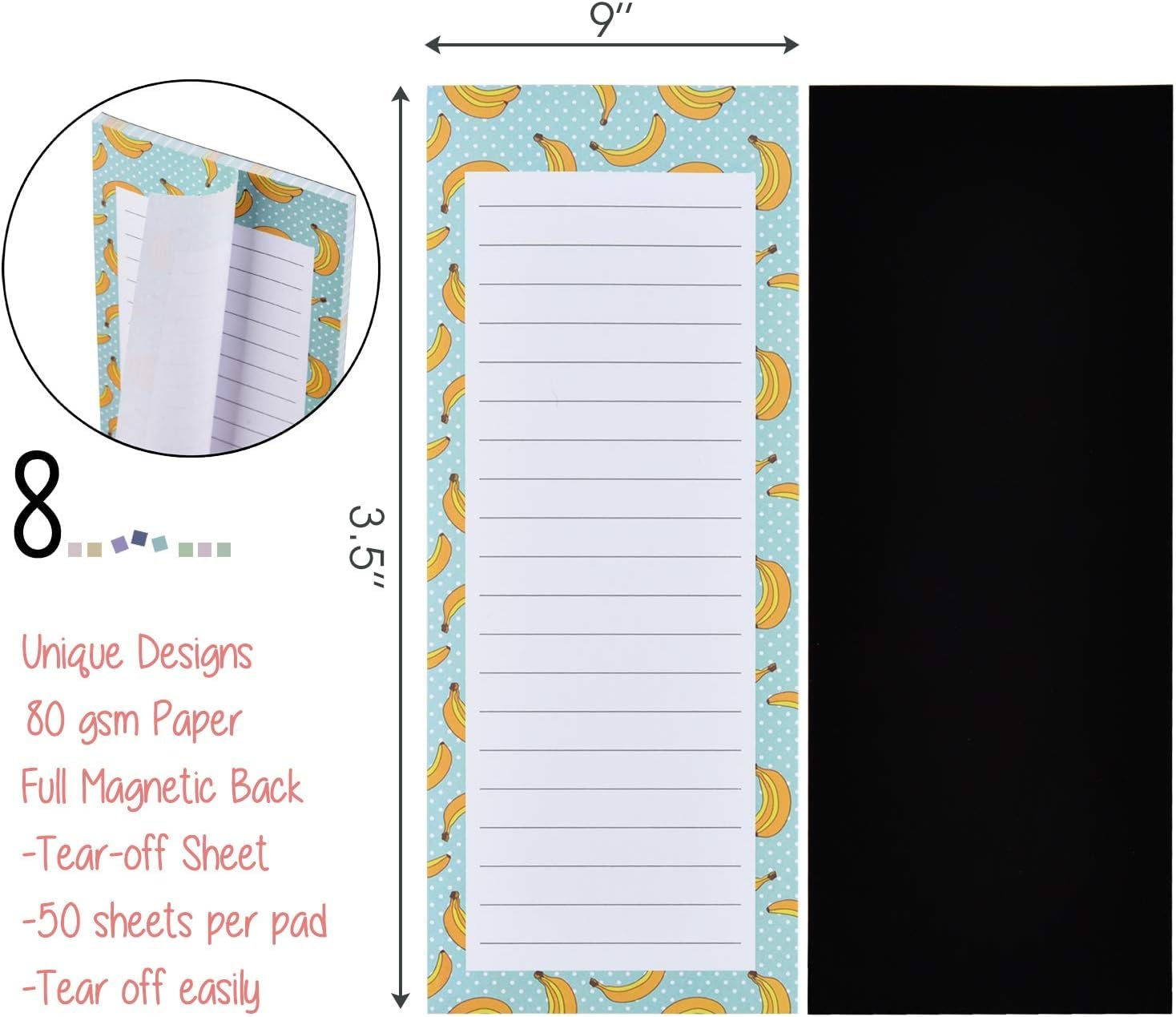 8 Pack Magnetic Notepads for Fridge, to Do List, Grocery List, Shopping List,Reminders, Recipes,3.5" X 9", 50 Sheets, Magnet Memo Pad Vintange Fruits image number 2