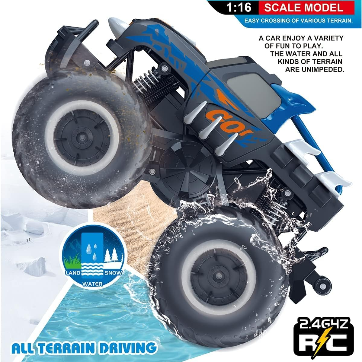 Threeking 1:16 Waterproof Monster Truck Toys RC Cars Amphibious Remote Control Car Trucks 4WD All Terrain Off-Road Pickup Toy for 6 7 8 9 10 11 12 Year Old Boys Girls Kids Gifts Presents image number 1